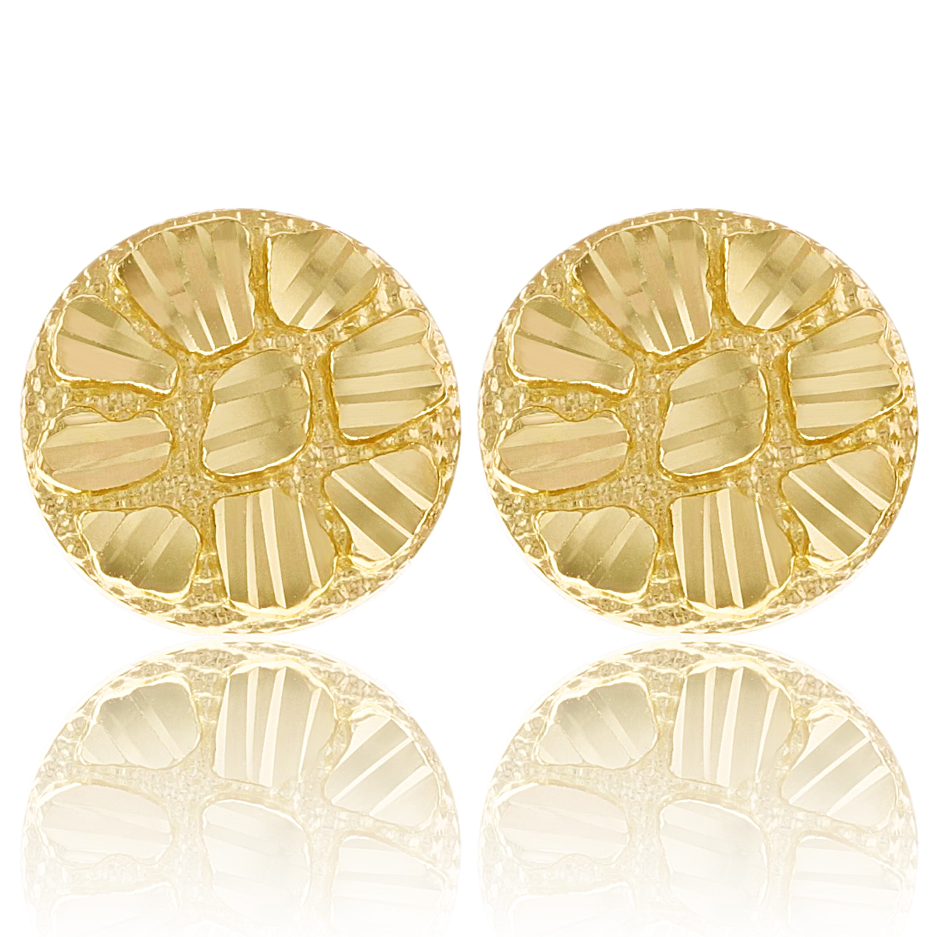 10k Yellow Gold Diamond Cut Nugget Round Stud Earrings 11.8mm 1.6 grams
