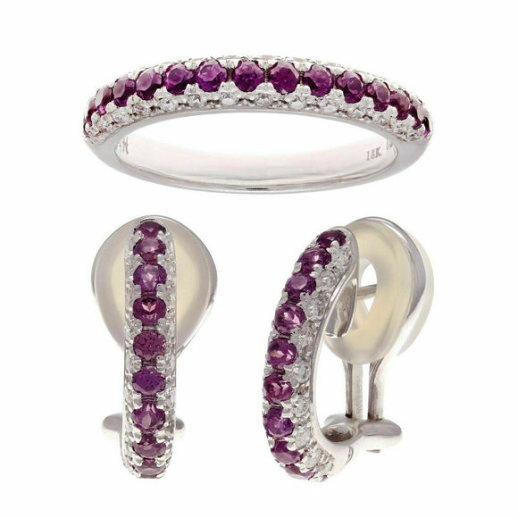 18k White Gold Natural Diamond & Garnet Hoop Earrings & Ring Size 7 Jewelry Set