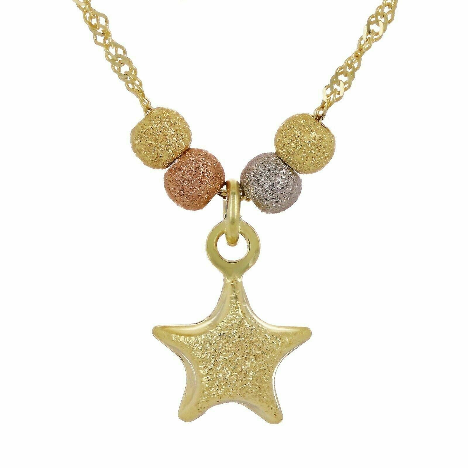 14k Tri Color Gold Ball Beads & Star Charm Pendant with 17" Singapore Necklace