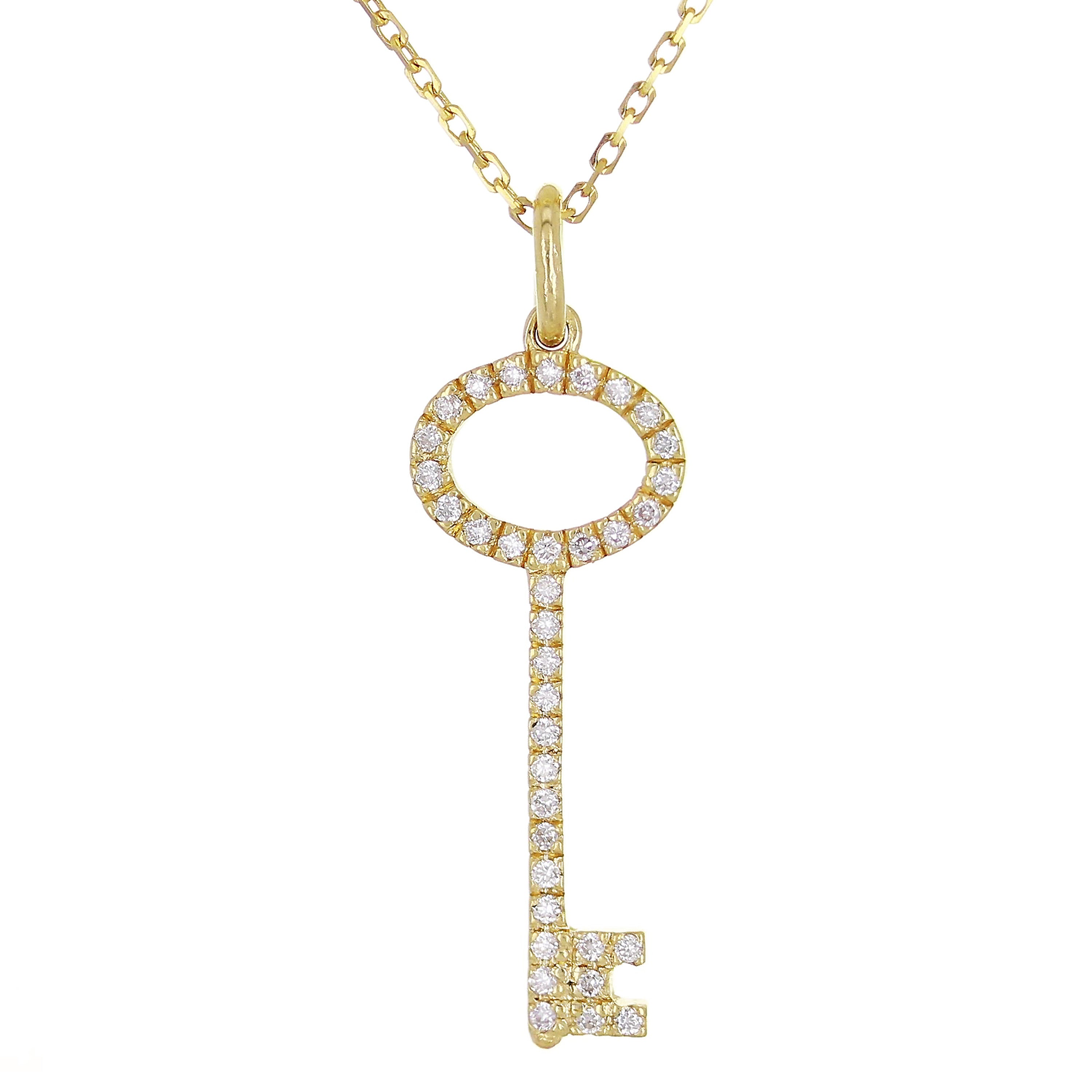 14k Yellow Gold Natural Diamond Key Pendant Necklace 18" - Yellow