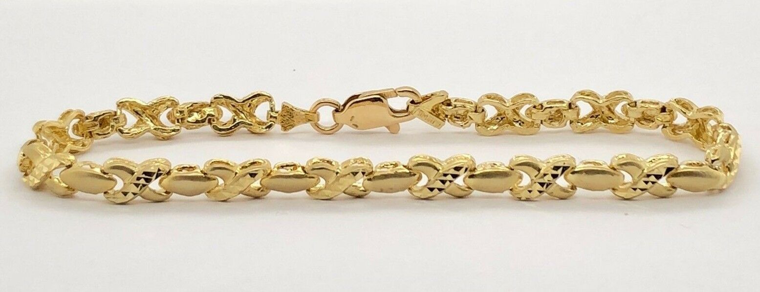 14k Yellow Gold Satin & Diamond Cut Link Hugs & Kisses XOXO Bracelet 7.25" 5.3mm