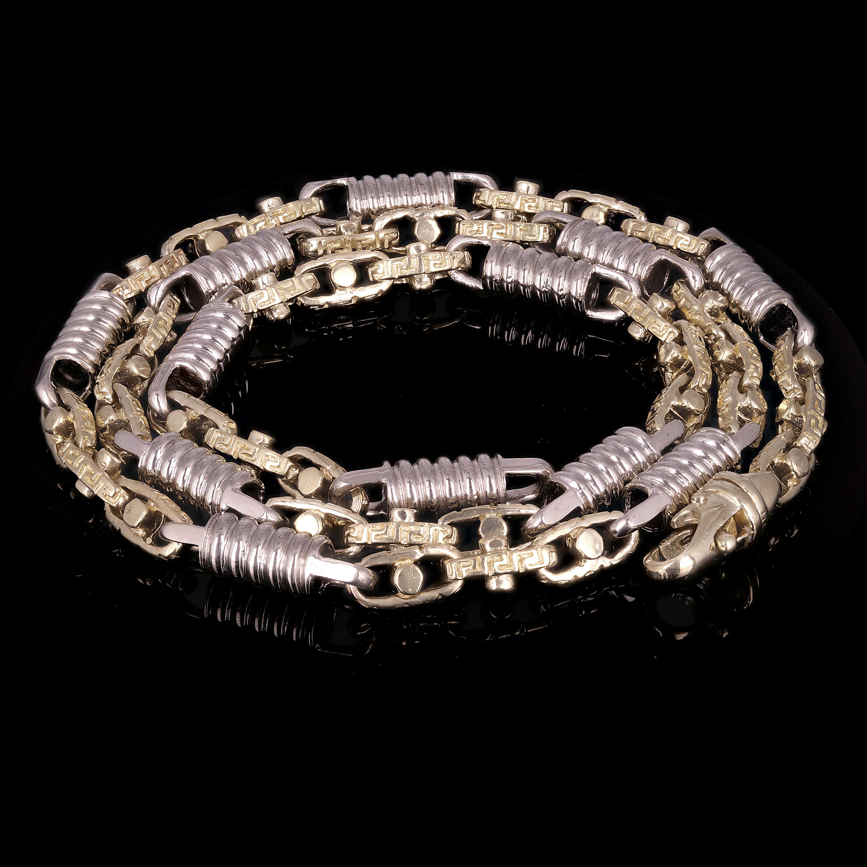 14k Yellow & White Gold Handmade Spring & Greek Link Necklace 22" 7mm 80.8 grams - 22"