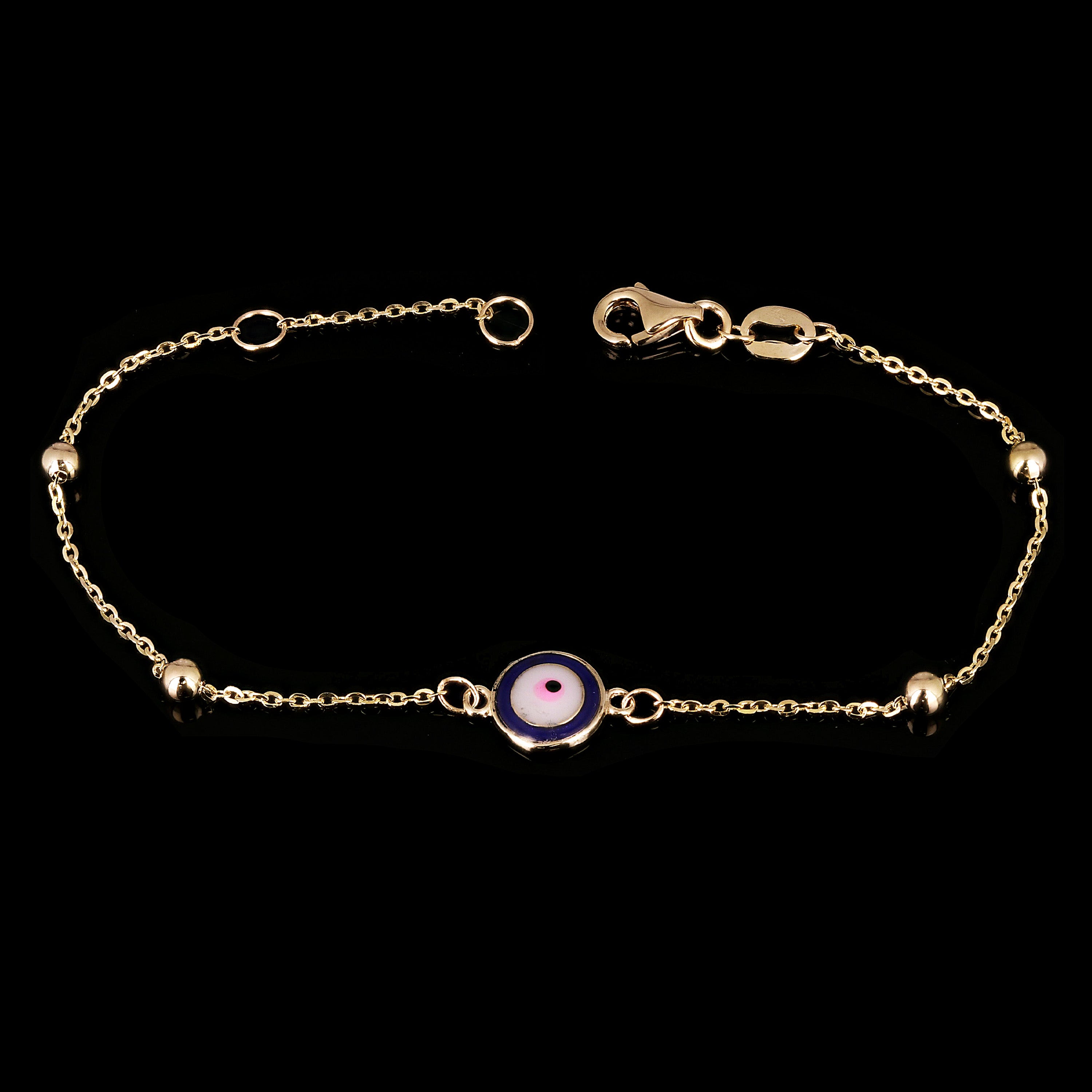 Italian 14k Yellow Gold Enamel Evil Eye Station Bracelet 7" 1.6 grams - 1 Dark Blue Eye