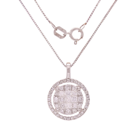 14k White Gold 0.55ctw Diamond Circle Halo Cluster Anniversary Pendant Necklace