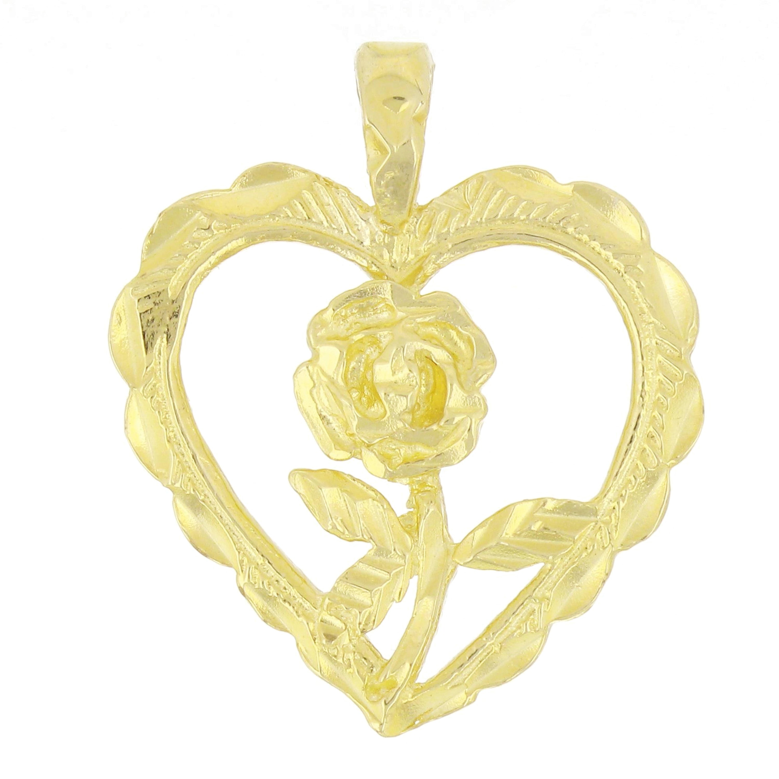 14k Yellow Gold Diamond Cut Open Heart Flower Charm Pendant 1.9 grams