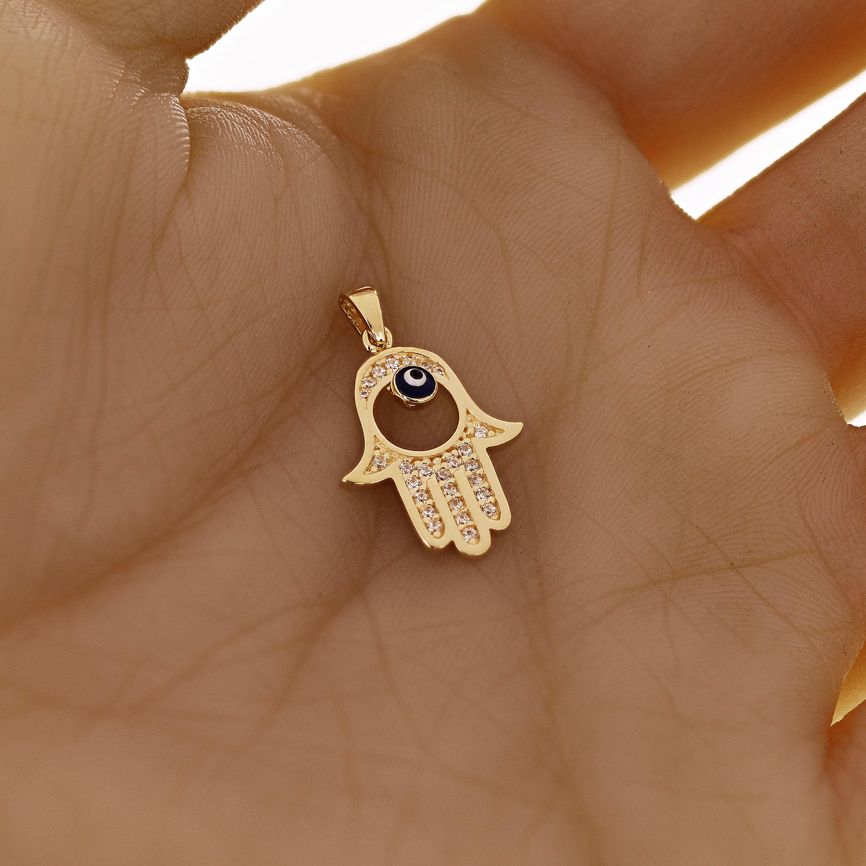 Italian 14k Yellow Gold Enamel Hamsa Hand Pendant with CZ 1.5g - Small