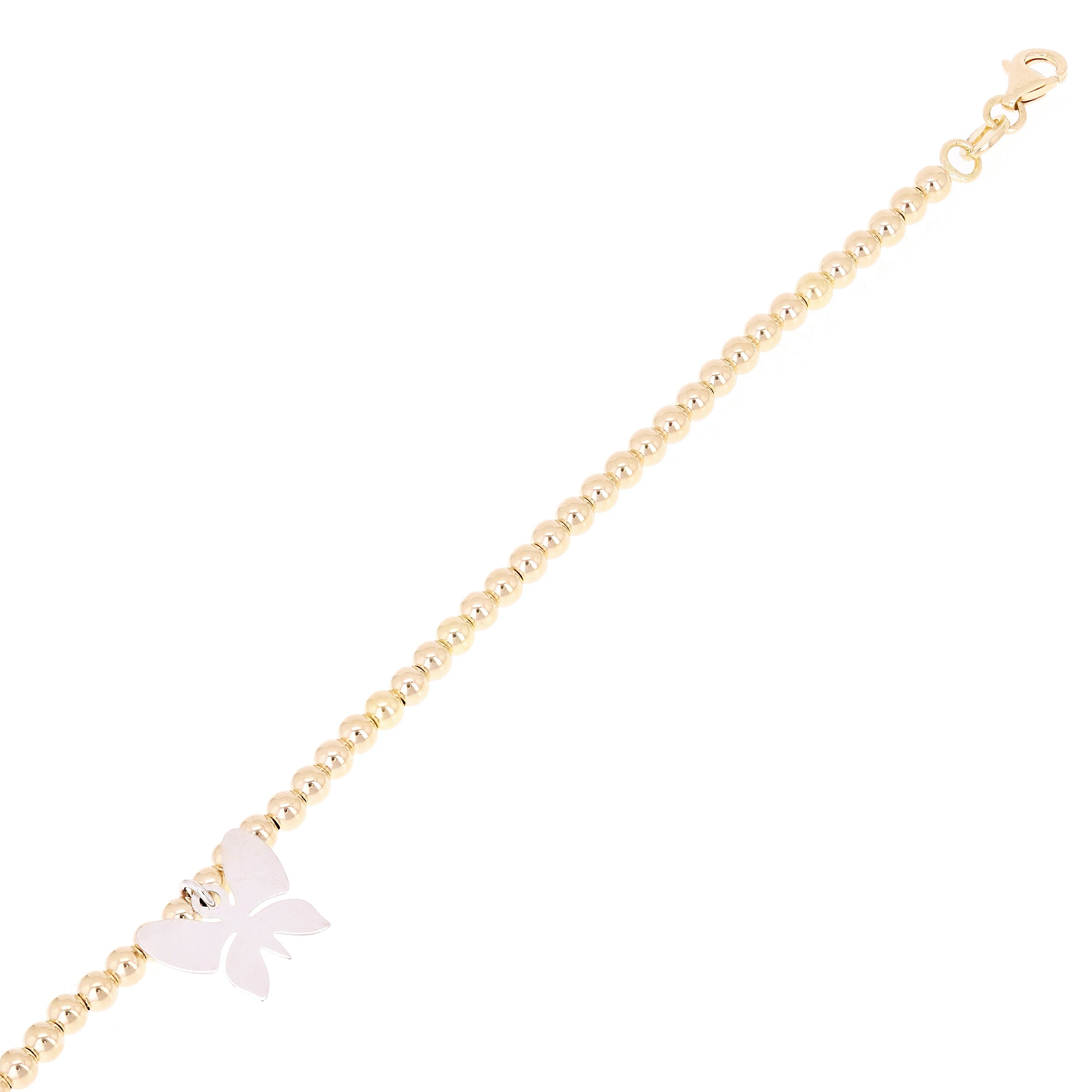 Italian 14k Two Tone Gold Ball Bead Bracelet with Butterfly Charm 8" 3mm 3.4gram