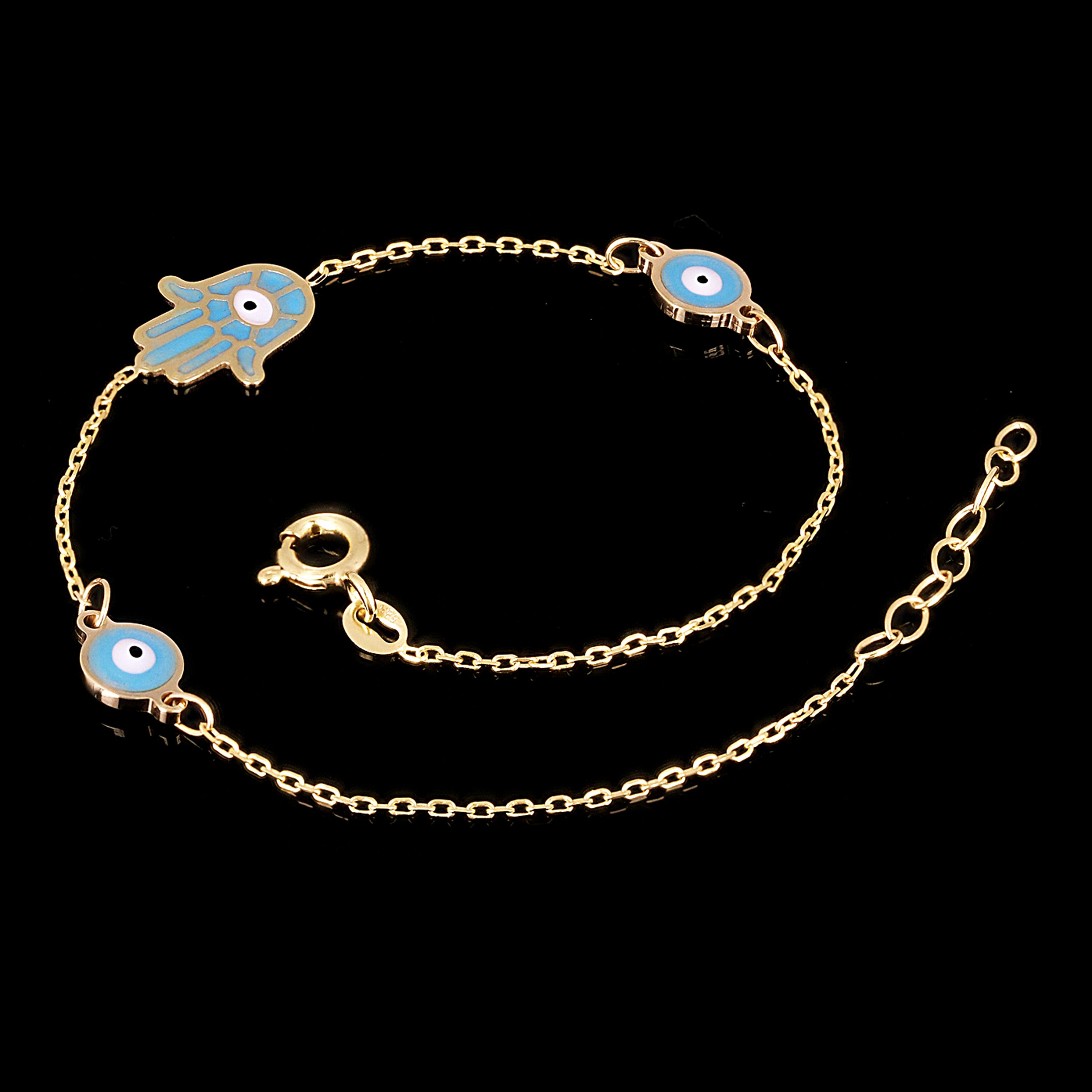 Italian 14k Yellow Gold Enamel Hamsa & Evil Eye Station Bracelet 7.5" 1.5 grams