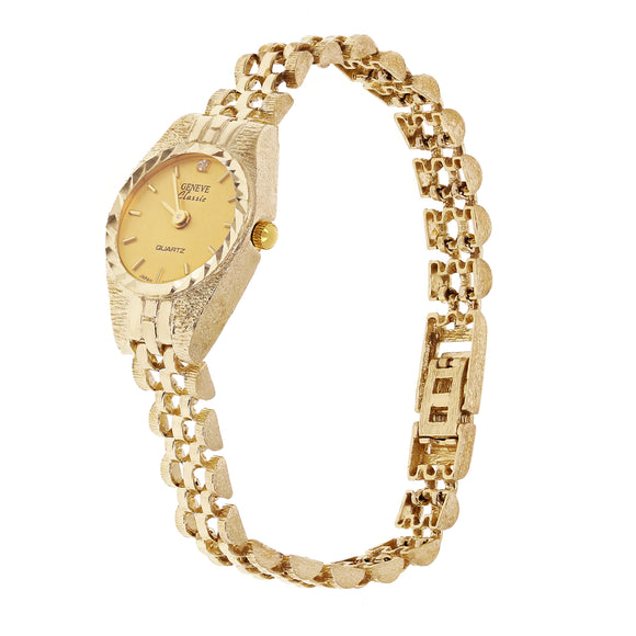 Women's 10k Yellow Gold Watch Link Geneve Diamond Wrist Watch 6-6.5