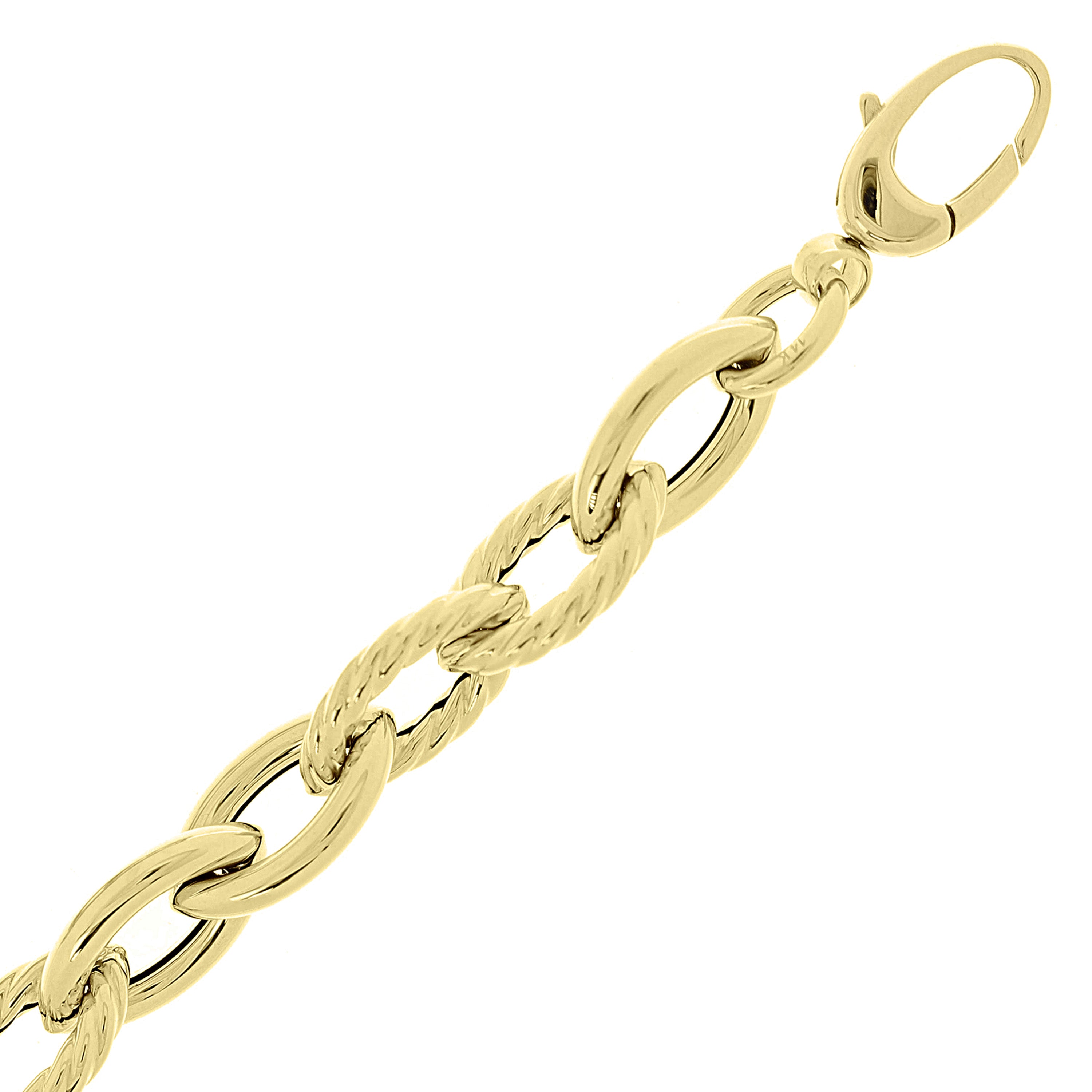 Italian 14k Yellow Gold Hollow Oval Plain & Rope Link Textured Bracelet 8" 11.8g
