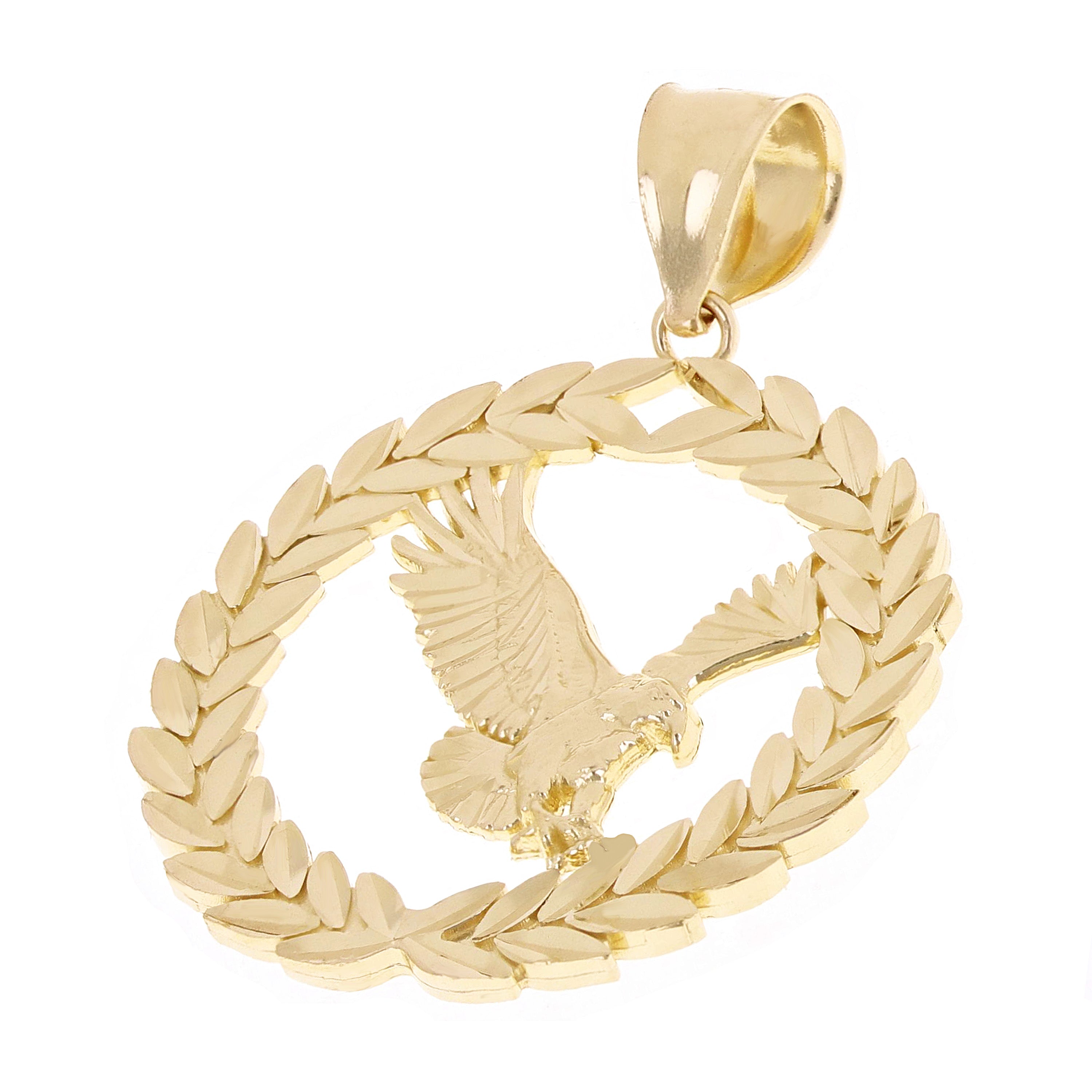 14k Yellow Gold Diamond Cut Flying Eagle Laurel Wreath Pendant 1.5" 3.9 grams