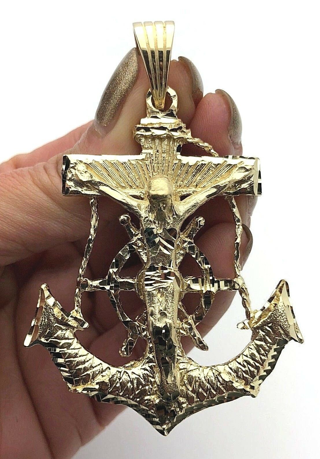14k Yellow Gold Solid Big Anchor Mariner Cross Jesus Crucifix Pendant 3" 35.5g