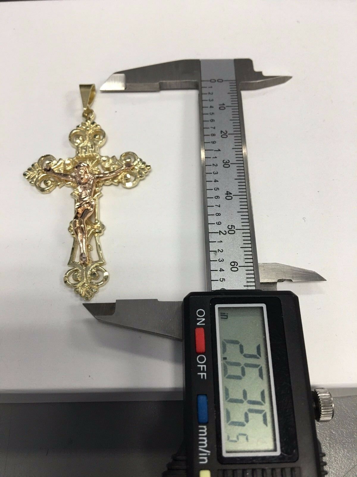 10k Two Tone Gold Jesus Christ INRI Filigree Crucifix CROSS Pendant 2.6" 9.9g