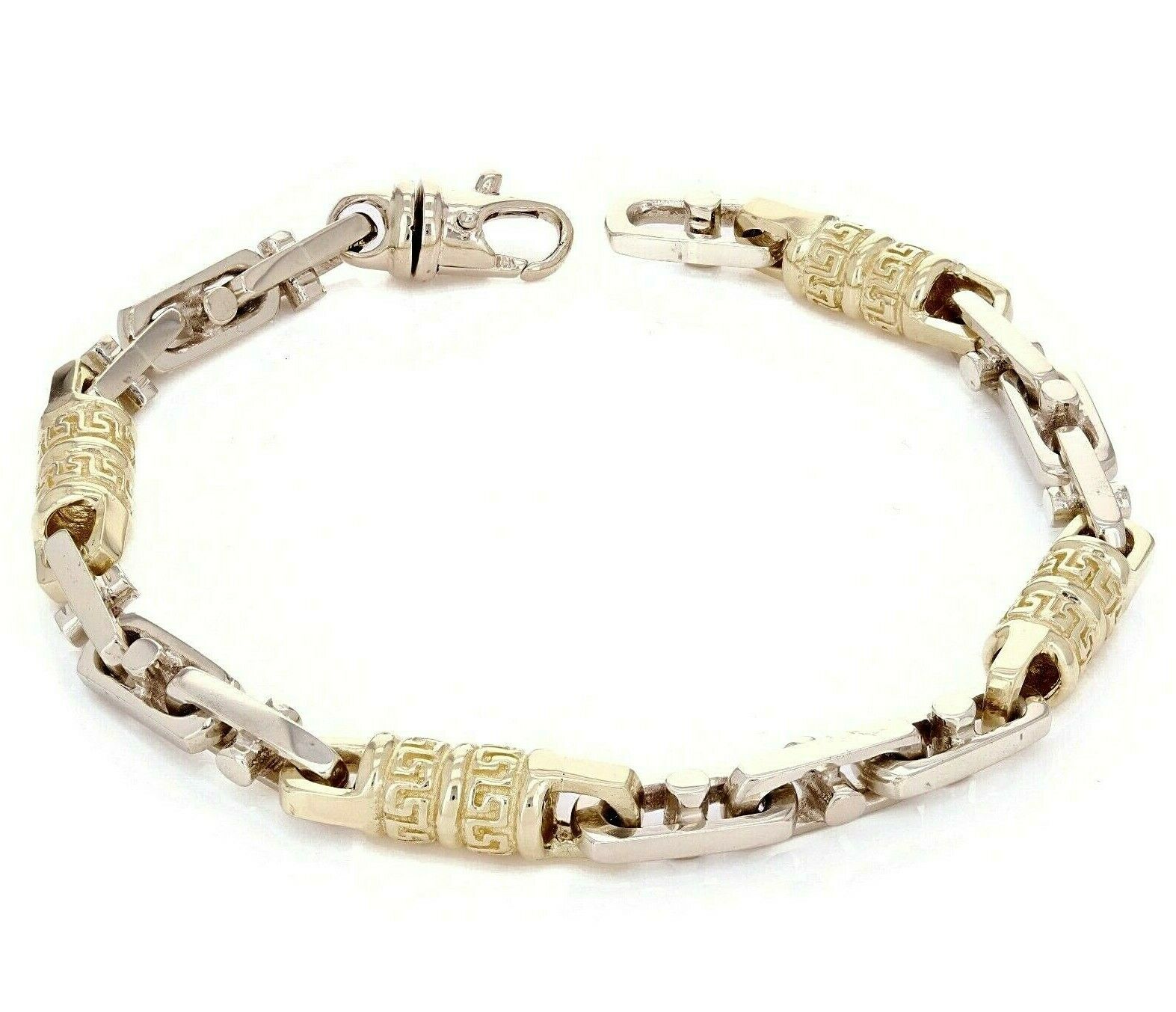 14k Yellow & White Gold Greek Key Barrel Link  Bracelet  8" 7.5mm 43 grams - 8"