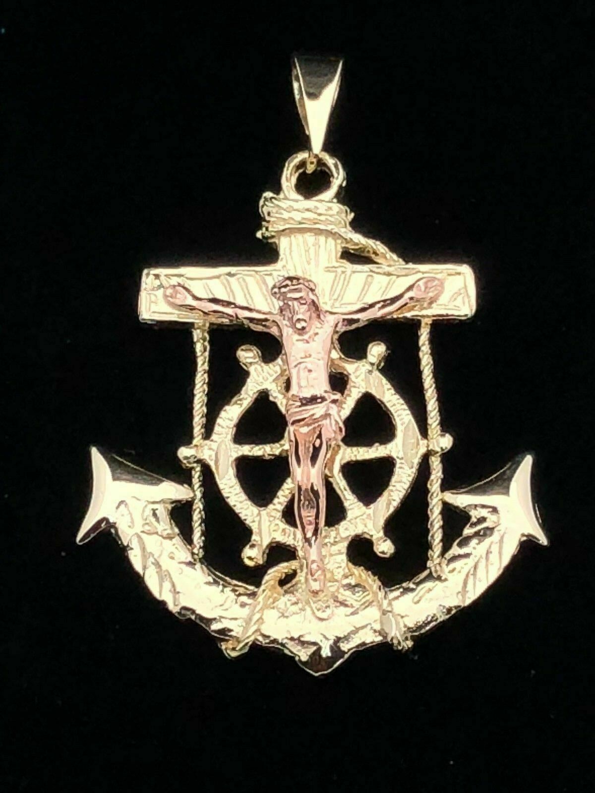 10k Two Tone Gold Jesus Christ Crucifix Anchor Mariner Pendant 8.1 grams