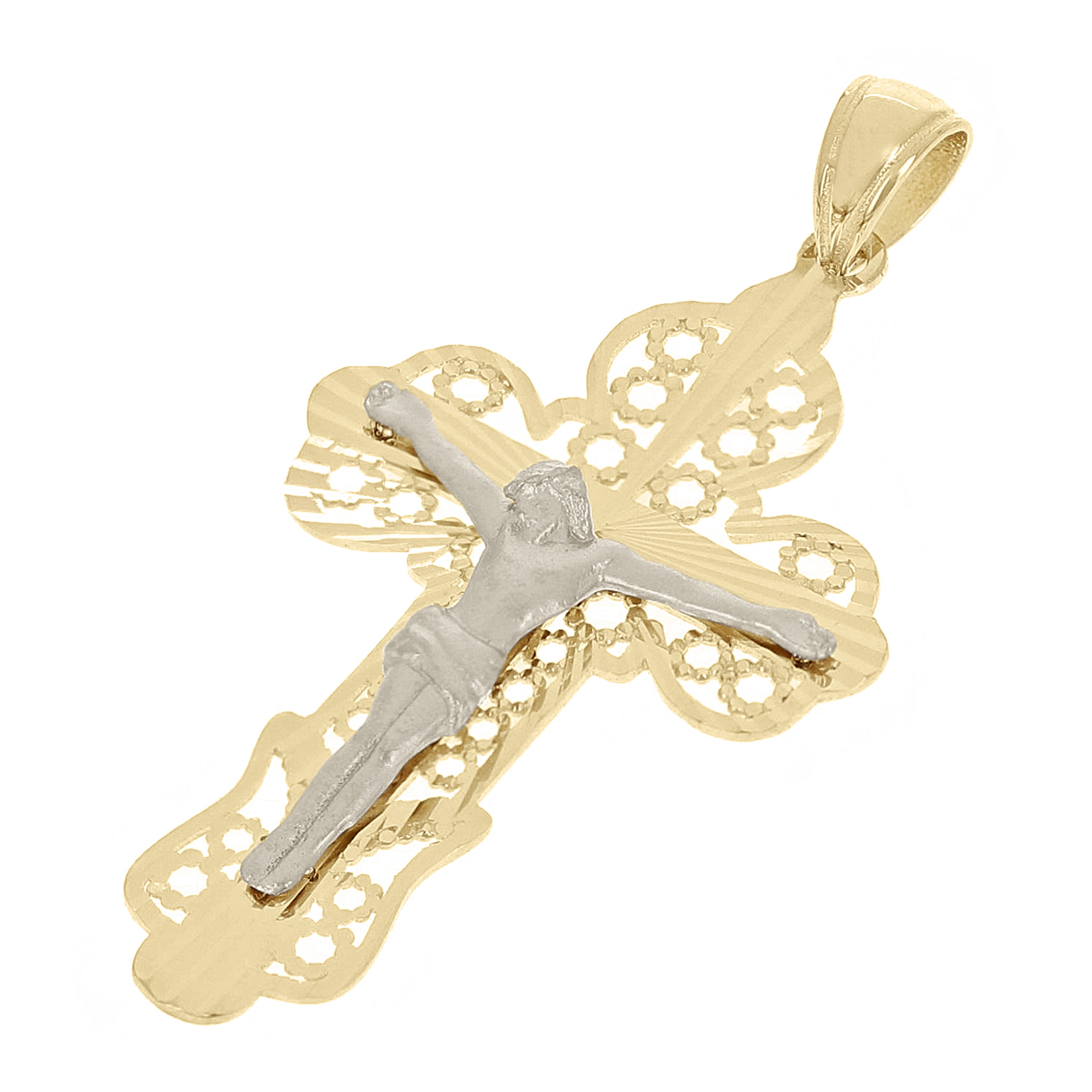 Italian 14k Two-Tone Gold Filigree Crucifix Cross Charm Pendant 1.7" 2.6 grams - Yellow and White