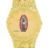 14k Yellow Gold Lady of Guadalupe Geneve Diamond Watch Nugget Band 7-7.5" 53 grams - 7.5" 53 grams