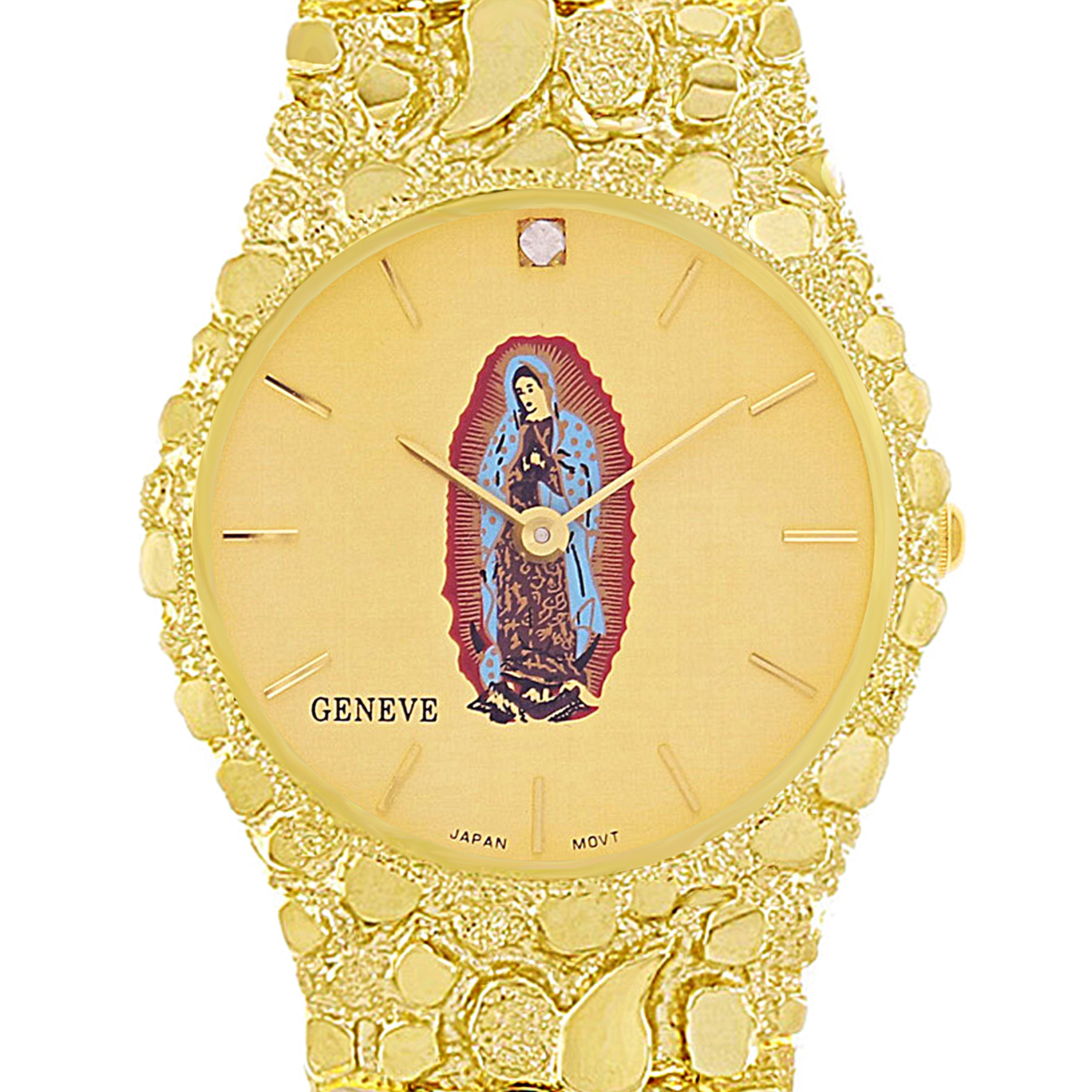 10k Yellow Gold Lady of Guadalupe Geneve Diamond Watch Nugget Band 7-7.5" 47 grams - 7.5" 47 grams
