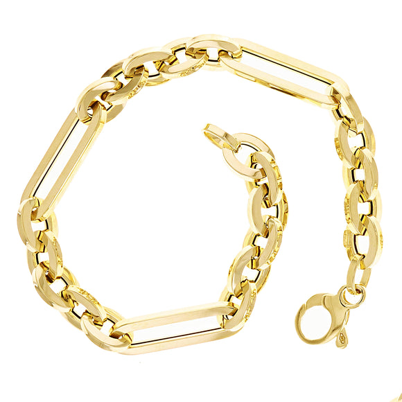 Italian 14k Yellow Gold Hollow Oval & Paper Clip Link Bracelet 7.5