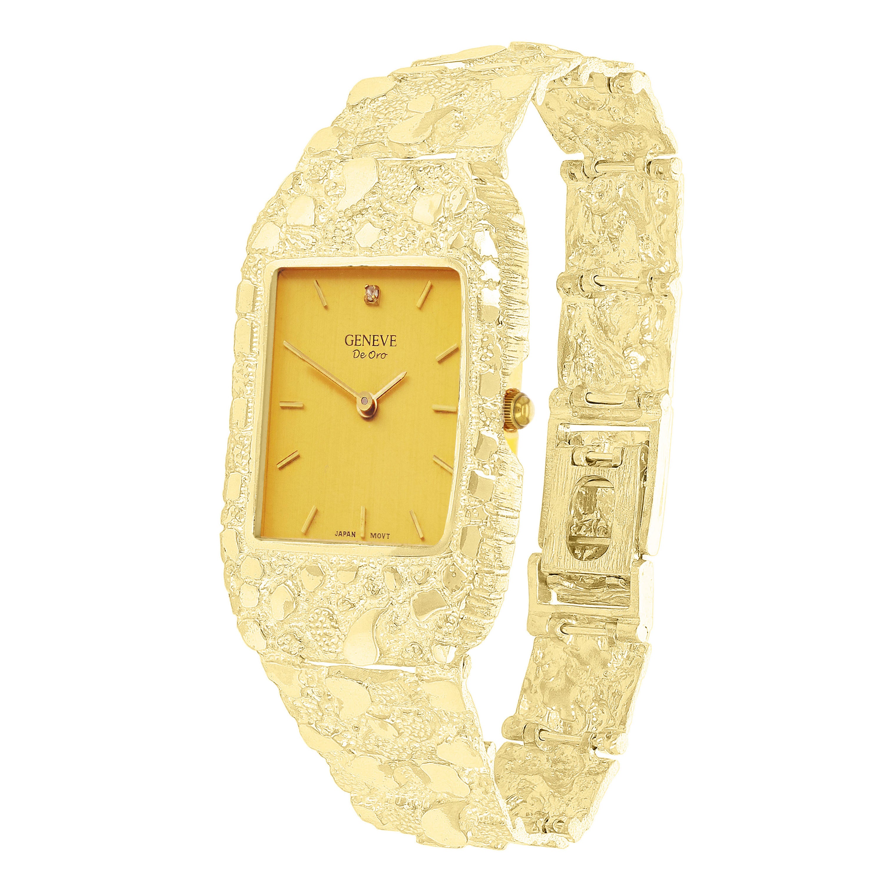 10k Yellow Gold Nugget Bracelet Link Wrist Watch Geneve with Diamond 8.5-9" 61g.