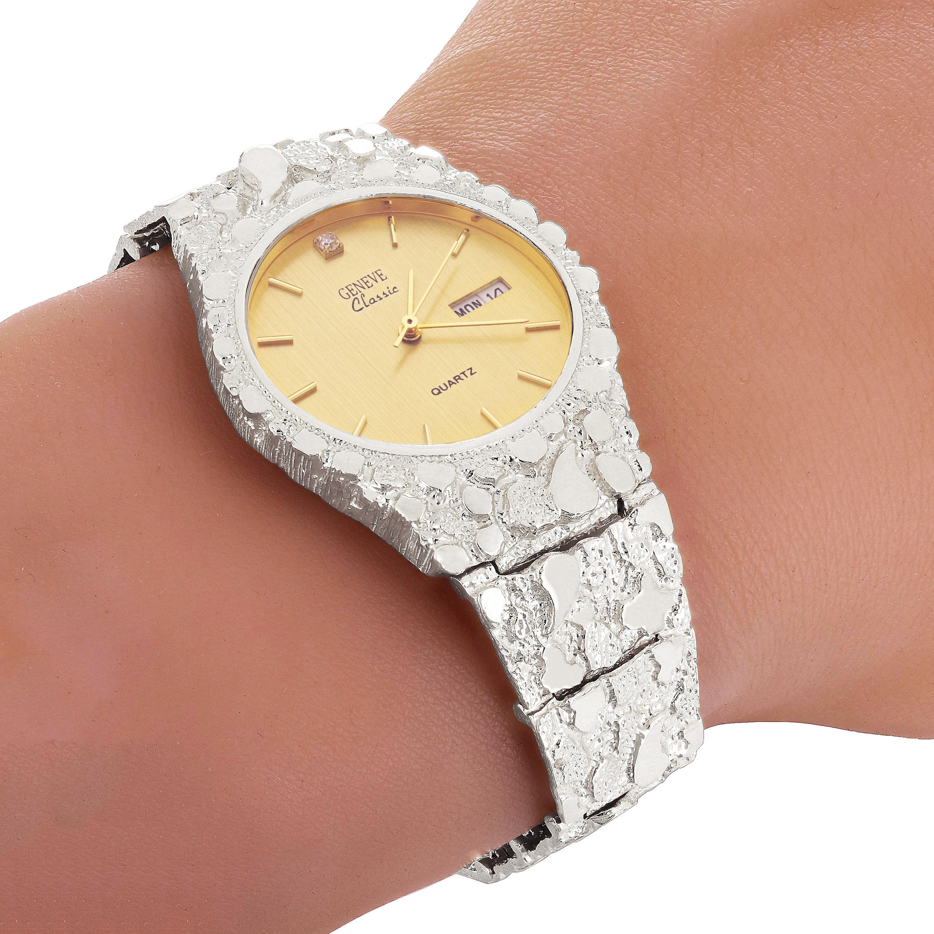 925 Sterling Silver Nugget Wrist Watch Geneve Watch with Diamond 7-7.5" 42 grams
