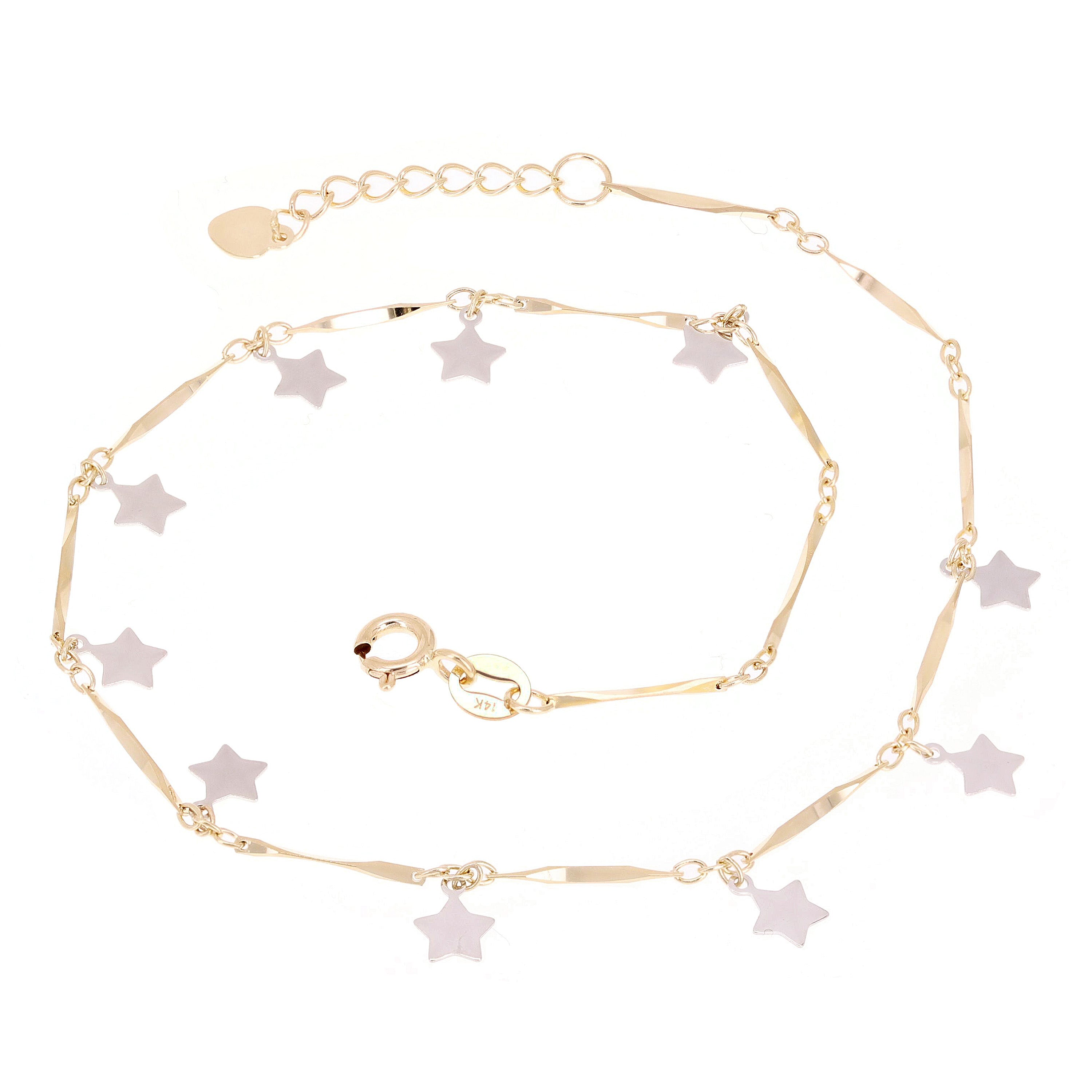 Italian 14k Two Tone Gold Heart & Star Charm Anklet Bracelet 10" 2.1 grams