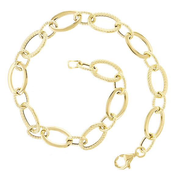 Italian 14k Yellow Gold Hollow Plain & Rope Oval Link Bracelet 7.25