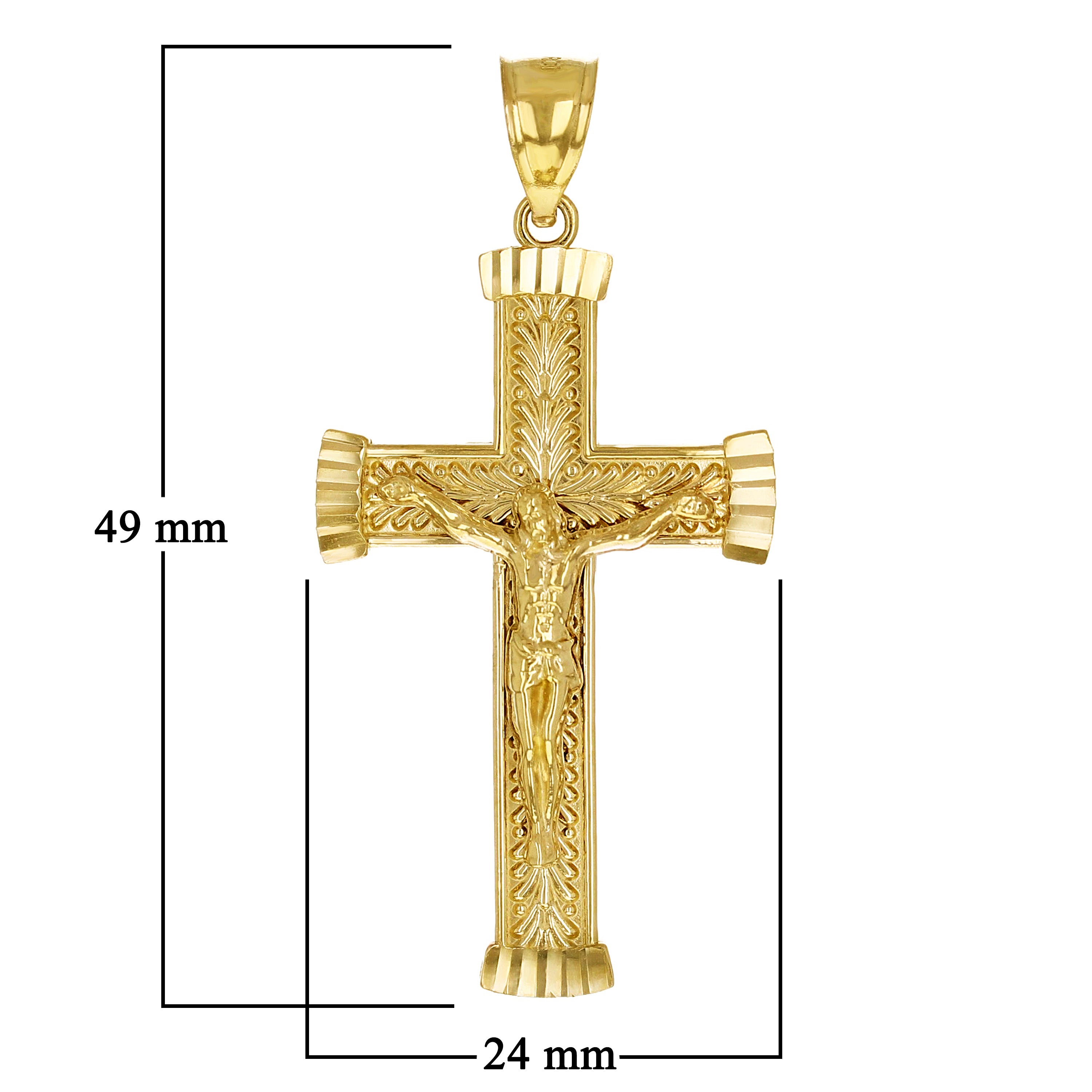 14k Yellow Gold Diamond Cut Leaf Pattern Jesus Cross Crucifix Pendant 1.9" 4.1g