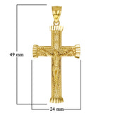 14k Yellow Gold Diamond Cut Leaf Pattern Jesus Cross Crucifix Pendant 1.9" 4.1g