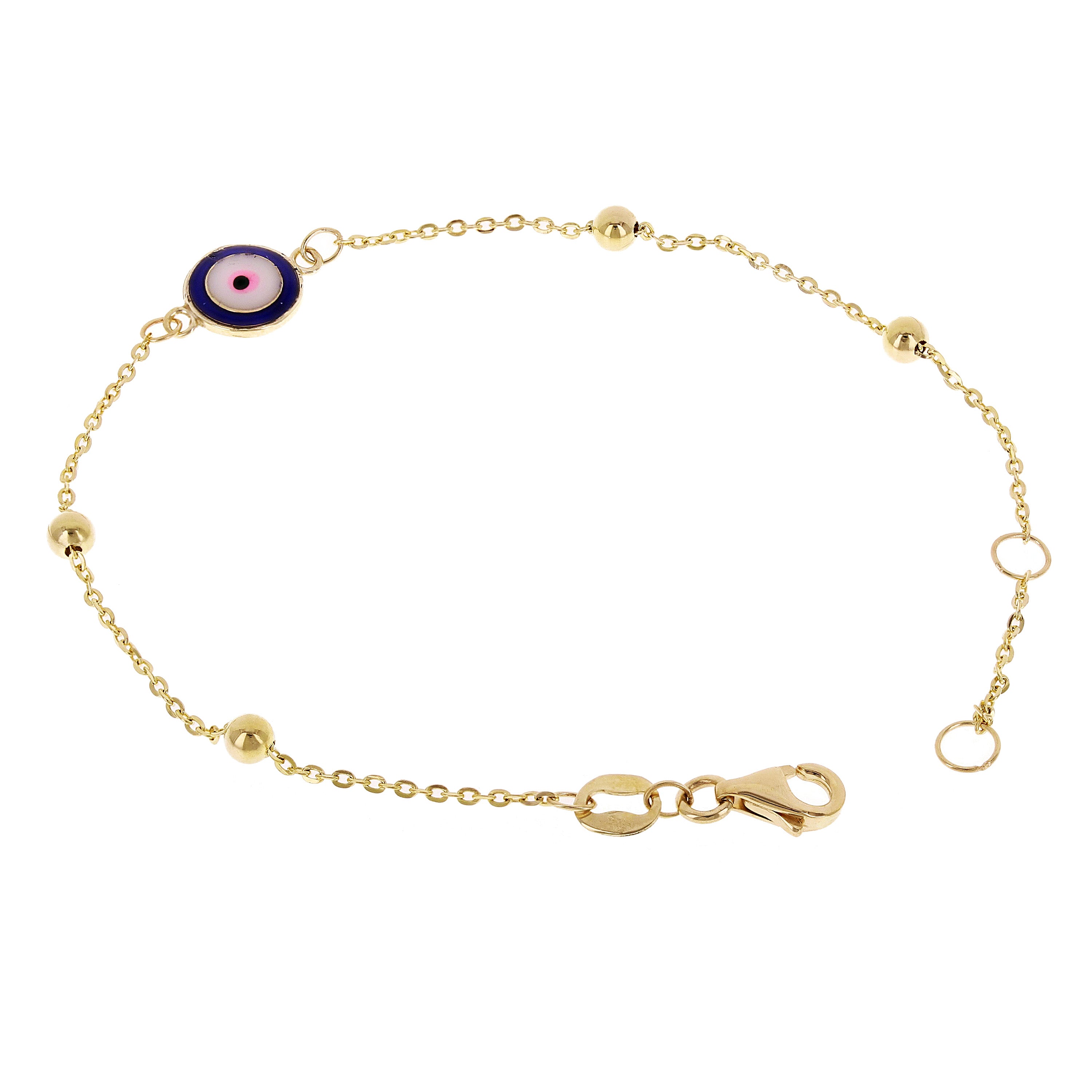 Italian 14k Yellow Gold Enamel Evil Eye Station Bracelet 7" 1.6 grams - 1 Dark Blue Eye