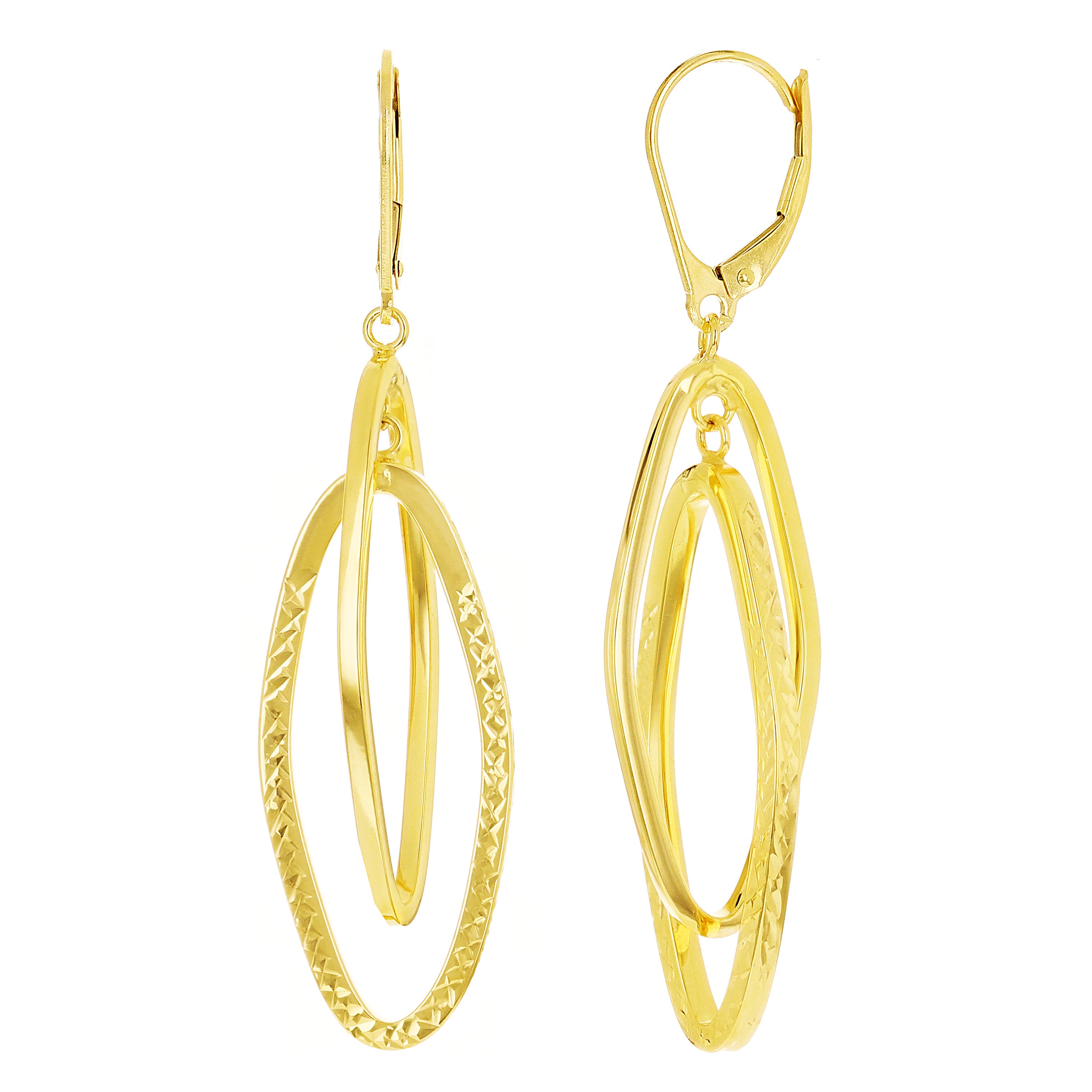 Italian 14k Yellow Gold Double Long Oval Dangle Drop Earrings 2.2" 3.3 grams