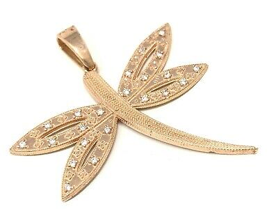 14k Rose Gold Insect Diamond Dragonfly Charm Pendant 1.5