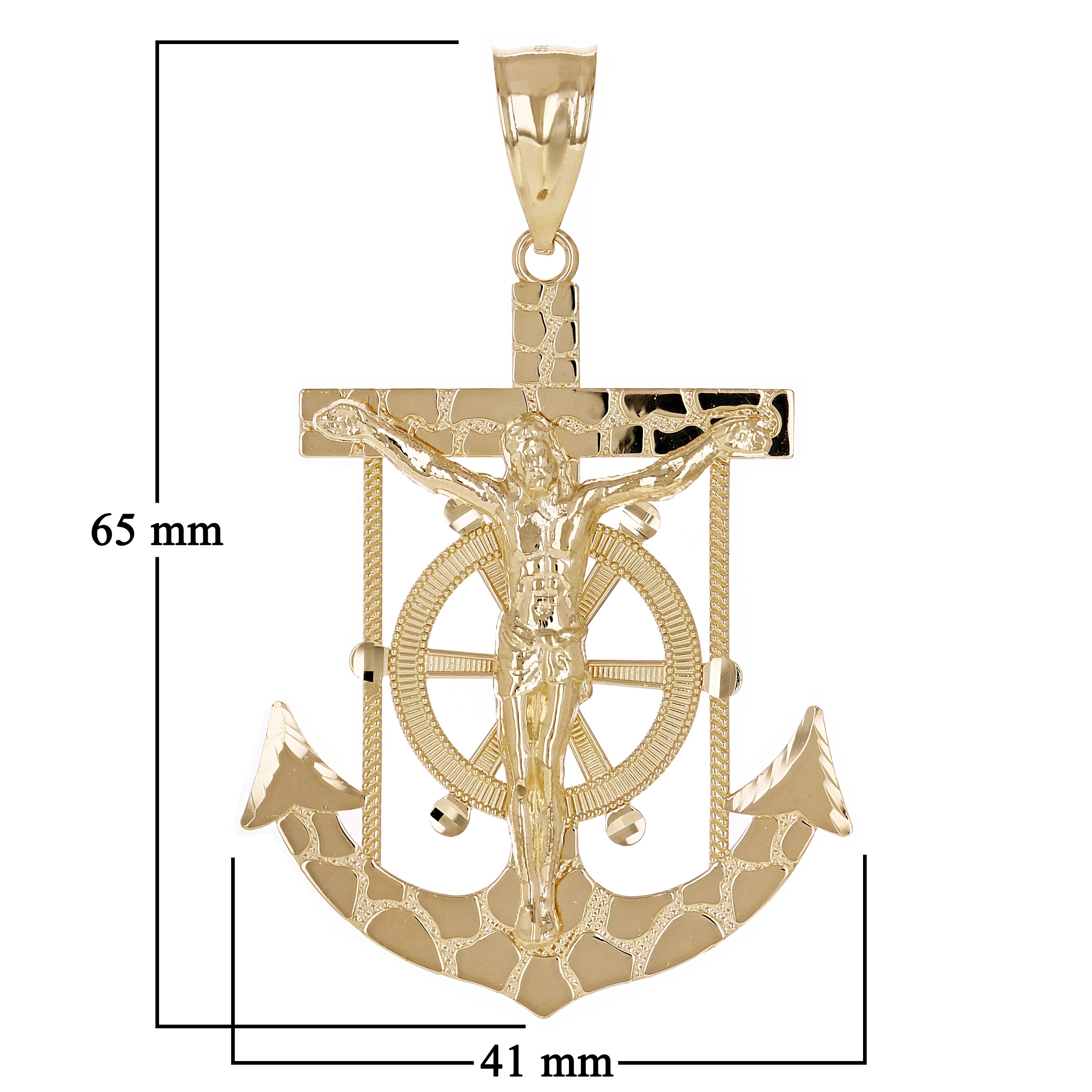 14k Yellow Gold Jesus Christ Crucifix Nugget Anchor Ship Mariners Pendant 2.5"