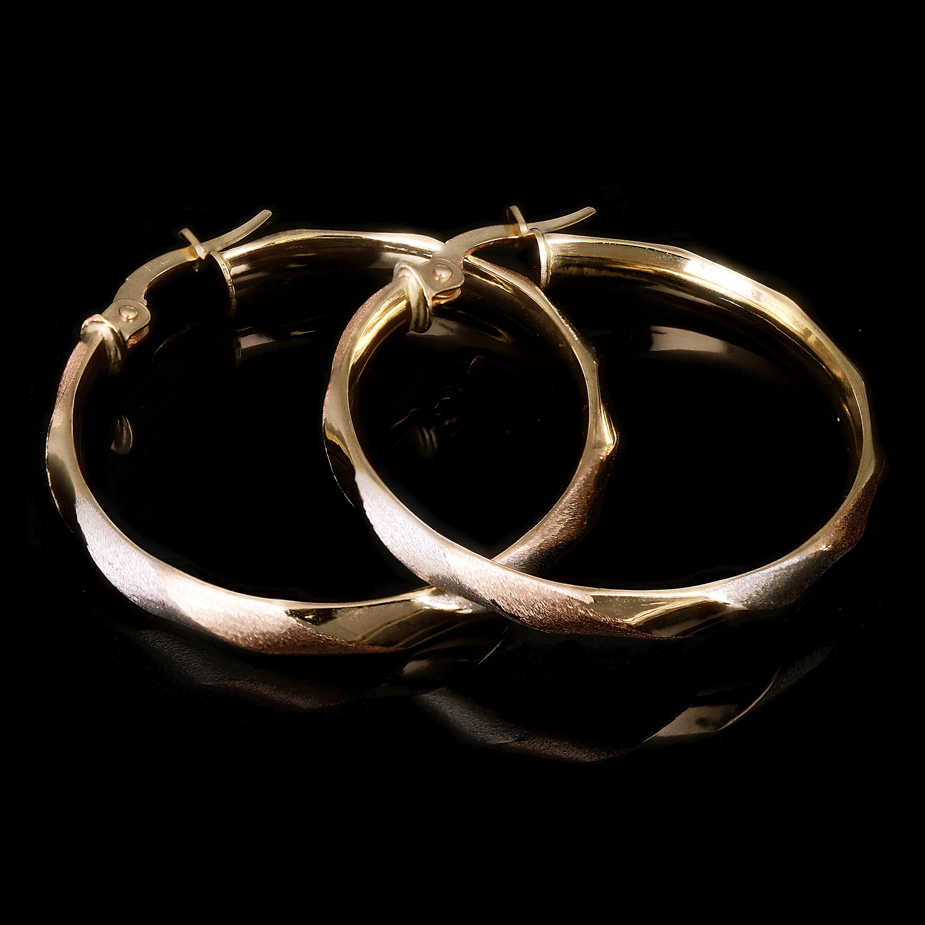 Italian 14k Tri-Color Gold Satin Twisted Hoop Earrings 1.2" 3.5mm 2.4 grams