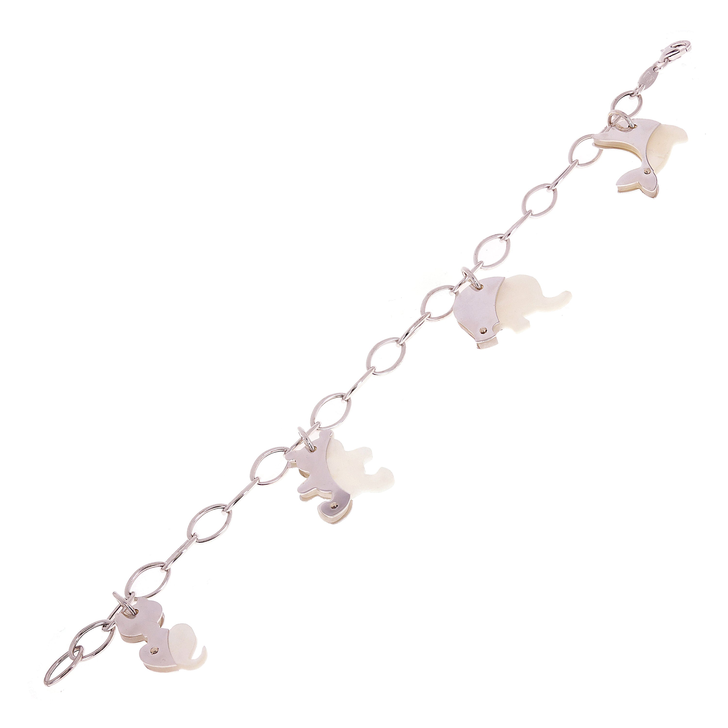 14k White Gold Mother of Pearl Animal Charm Bracelet 7.5" - Animal