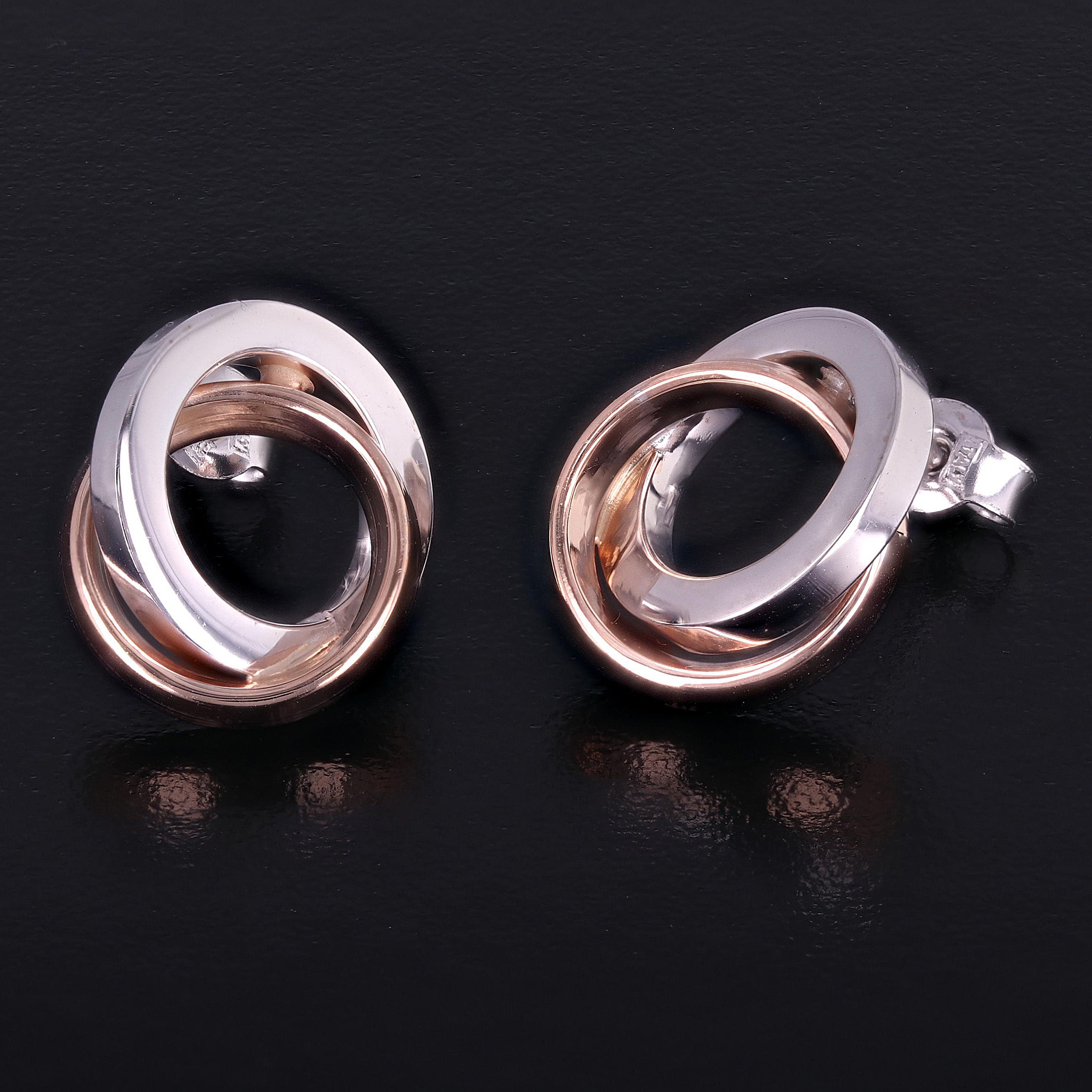 Italian 14k White & Rose Gold Double Entwined Eternity Circle Stud Earrings - Entwined Tubular