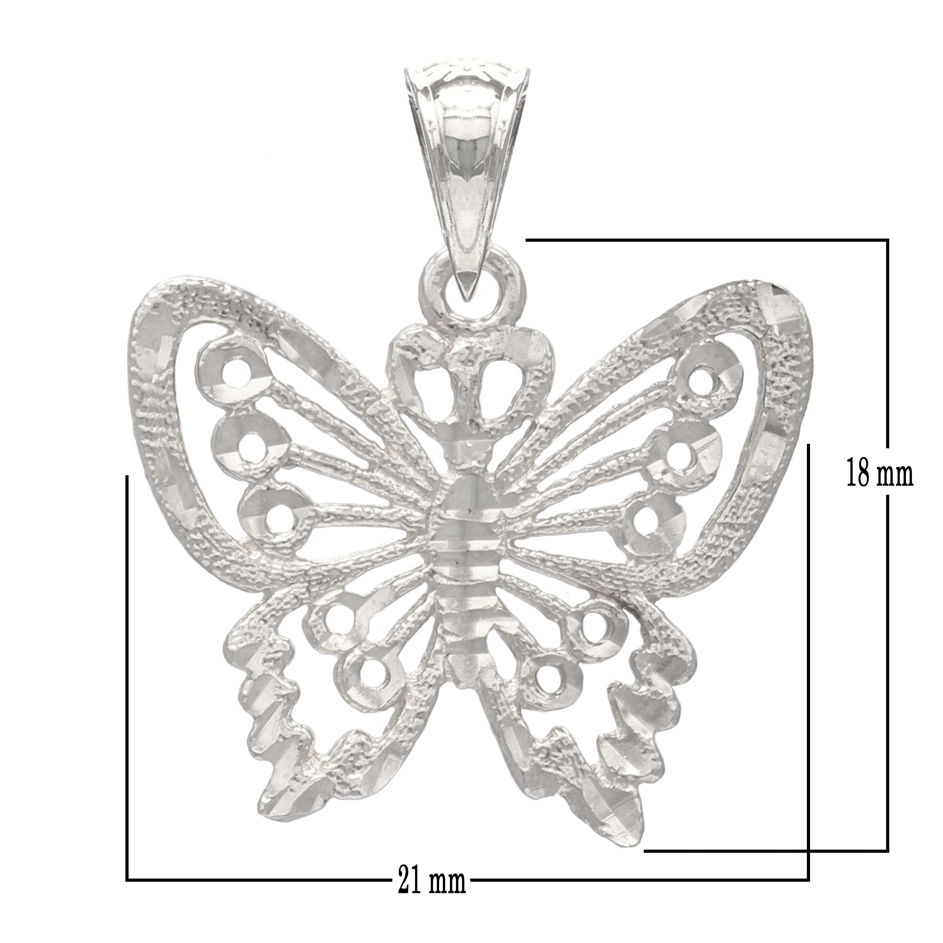 14k White Gold Solid Diamond Cut Butterfly Charm Pendant 2 grams - White