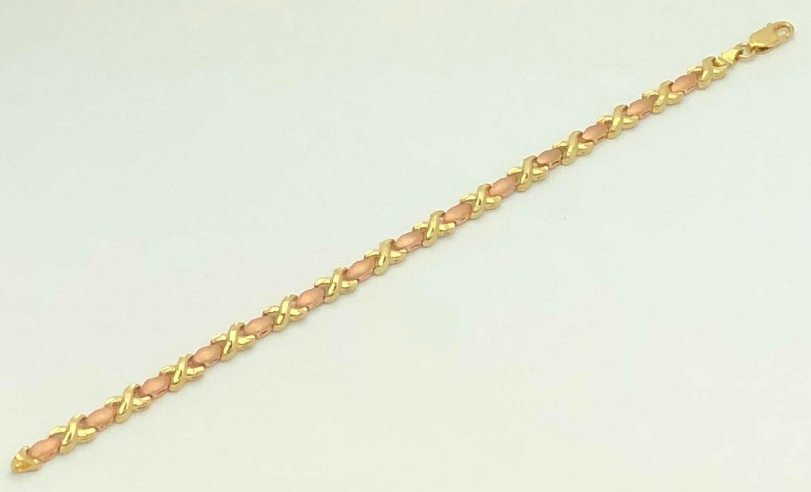 14k Two Tone Gold Satin Finish Hugs & Kisses XOXO Link Bracelet 7.25" 5.4mm 8.5g