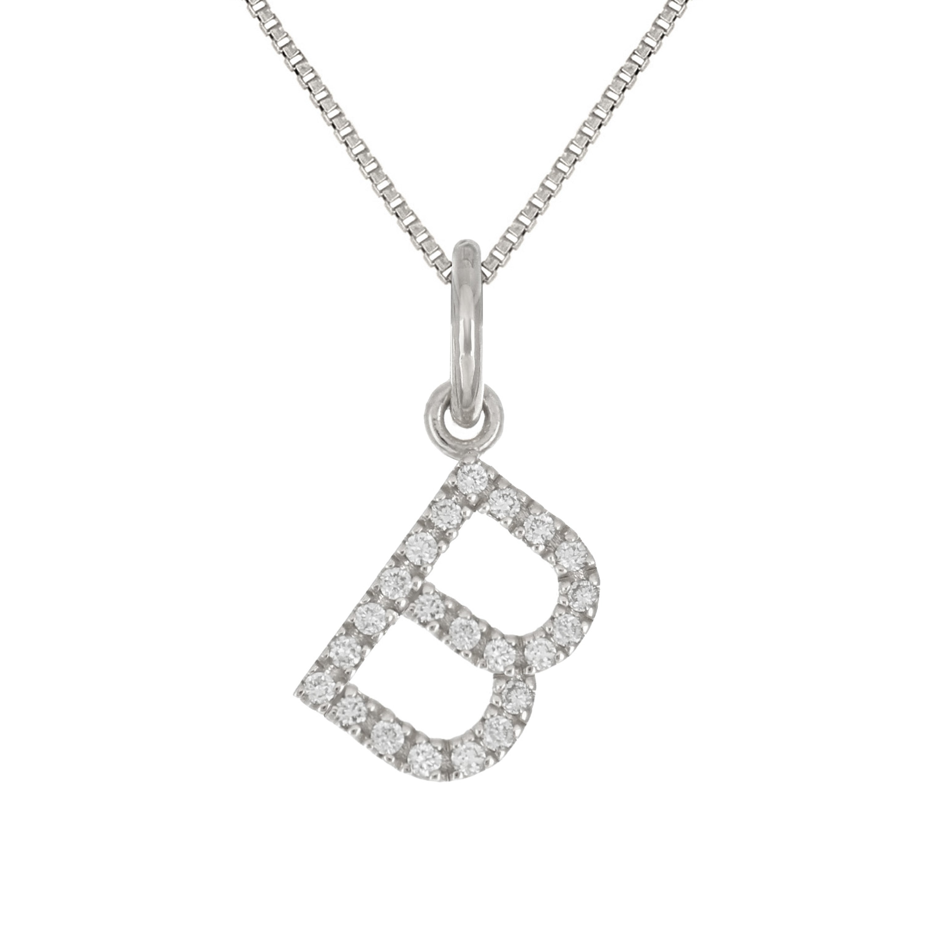14k White Gold Diamond Initial Letter B Charm Pendant Necklace 18" - Letter B,White