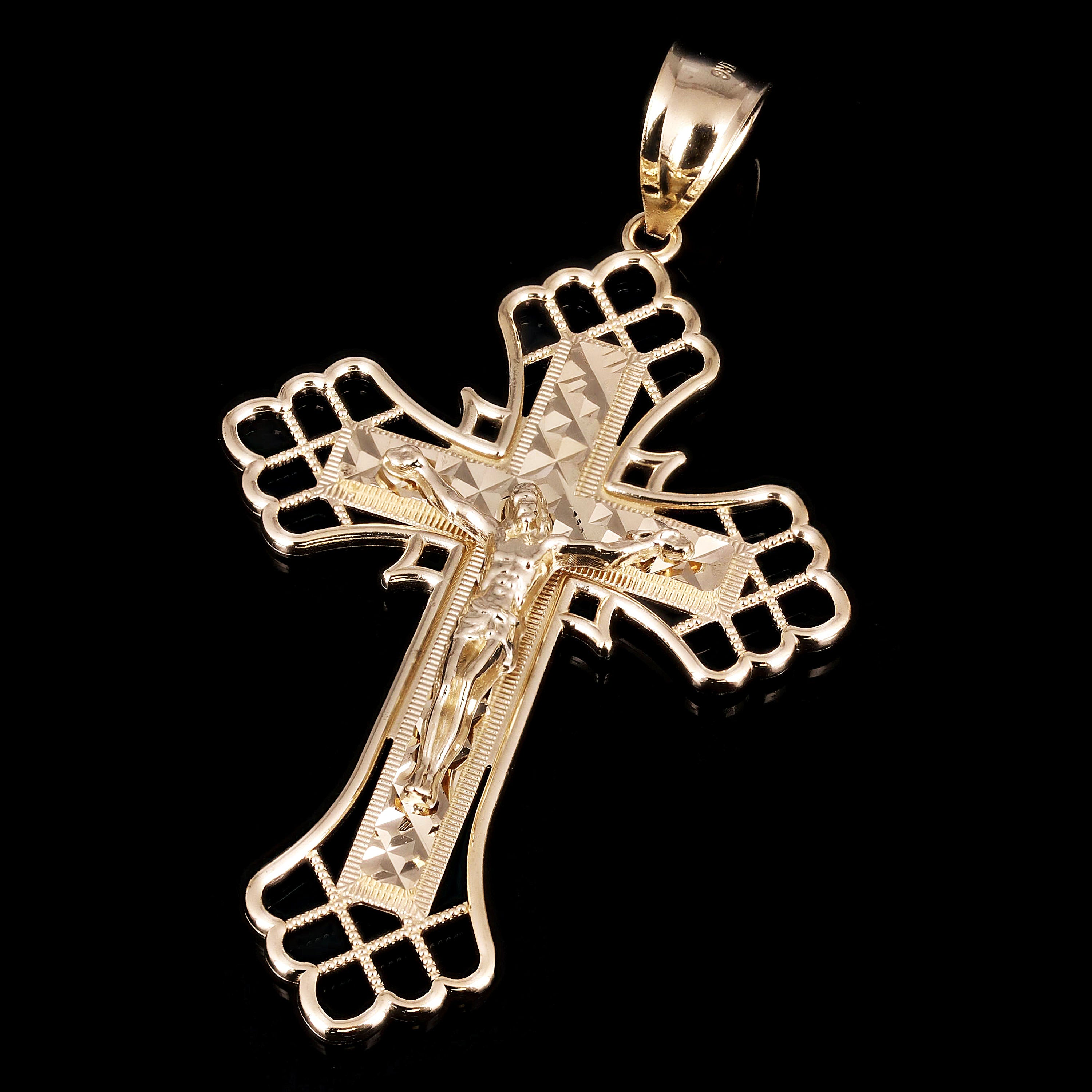 14k Yellow Gold Diamond Cut Jesus Cross Crucifix Pendant 2.5" 6.7 grams