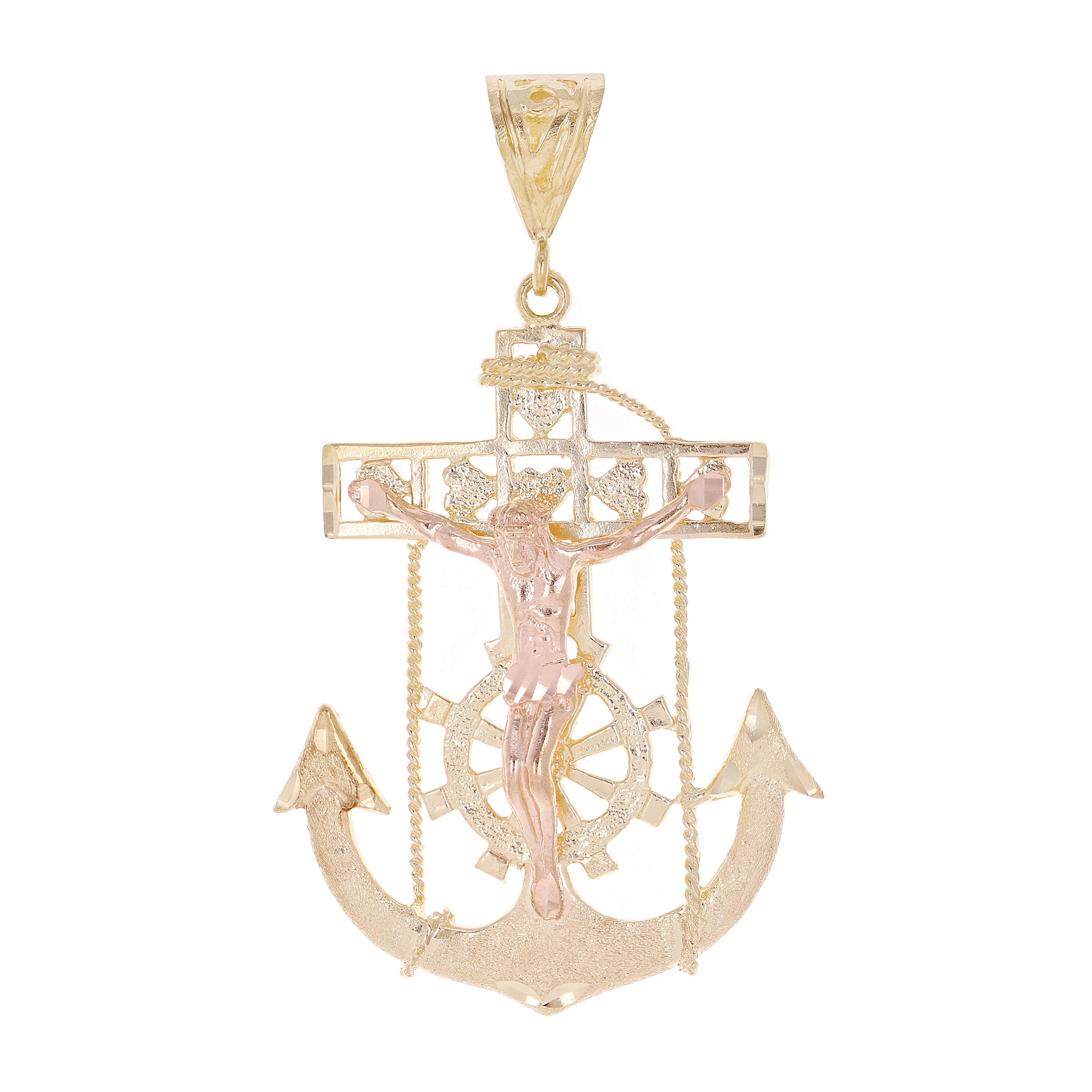 14k Yellow & Rose Gold Jesus Christ Crucifix Mariner Anchor Pendant 2.4" 11.5g