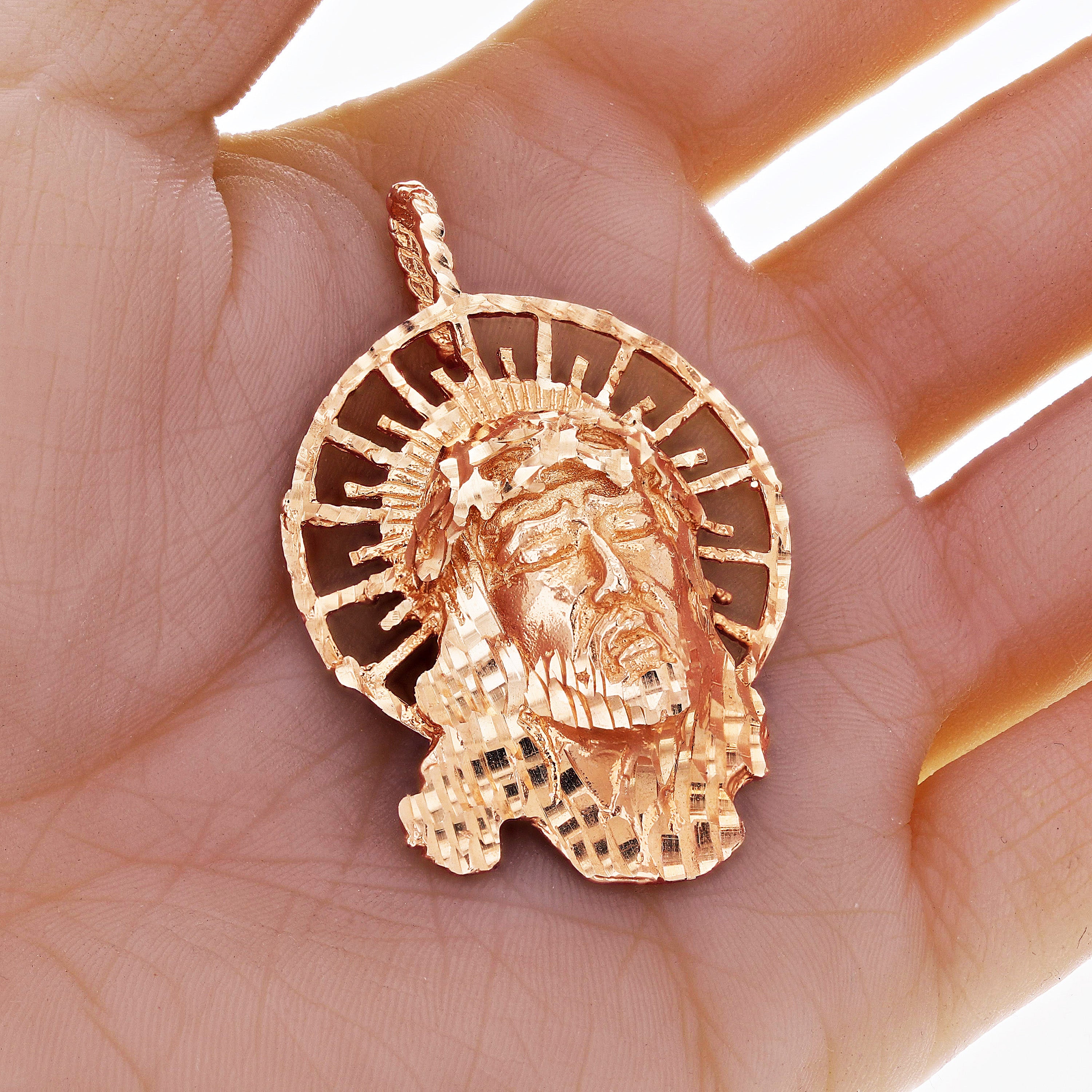 10k Rose Gold Diamond Cut Jesus Christ Face Religious Charm Pendant 2.1" 14.7g - Rose