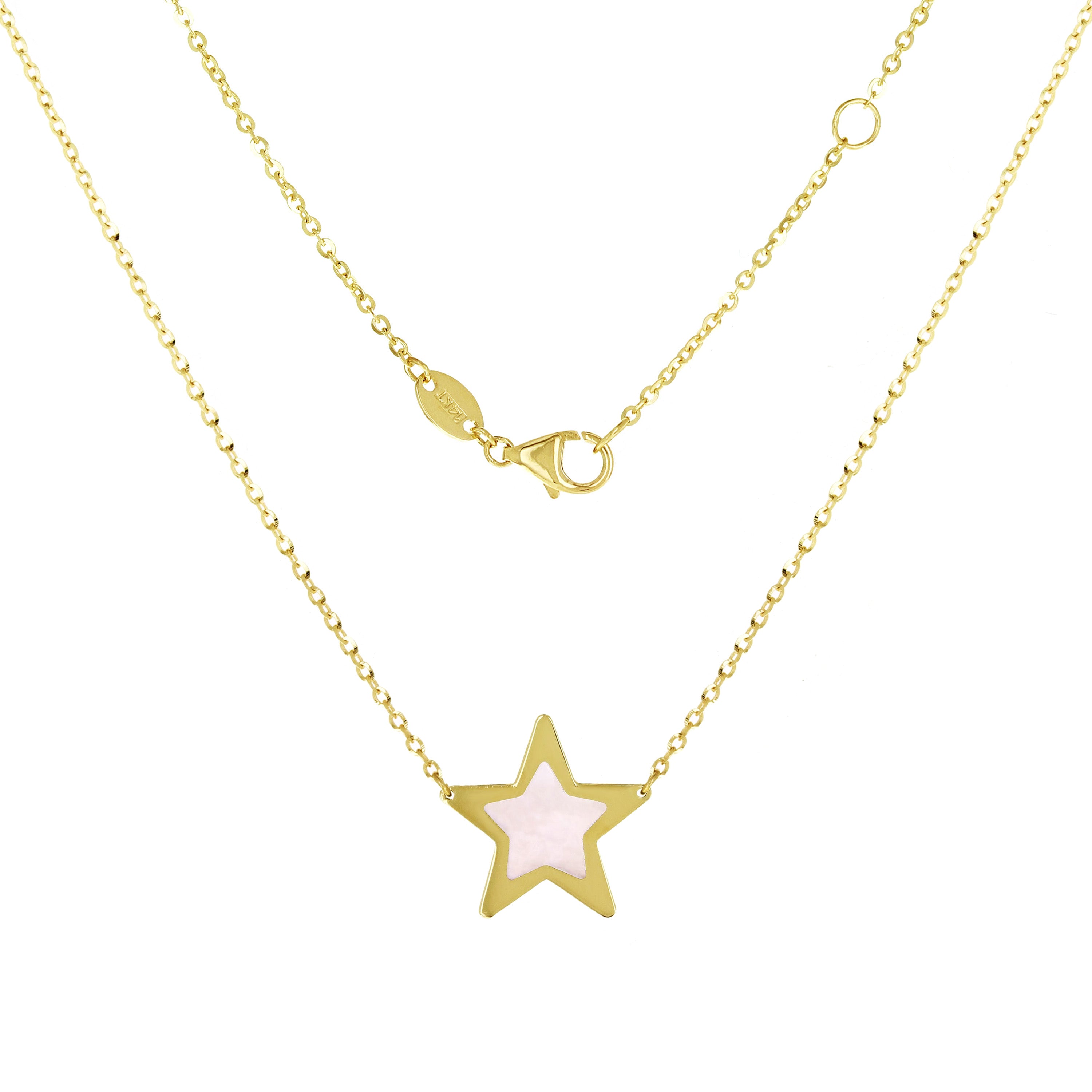Italian 14k Yellow Gold Pearl Star Charm Pendant Necklace 16.5-17.5" 1.8 grams