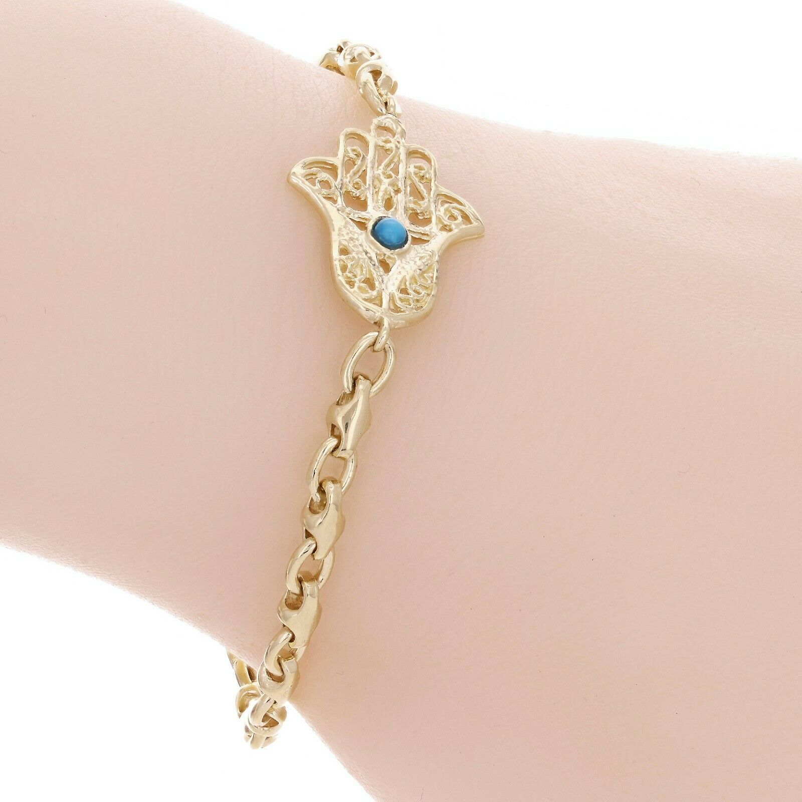 14k Yellow Gold Hamsa Hand of Fatima Charm Bracelet with Turquoise 7" 9.7 grams