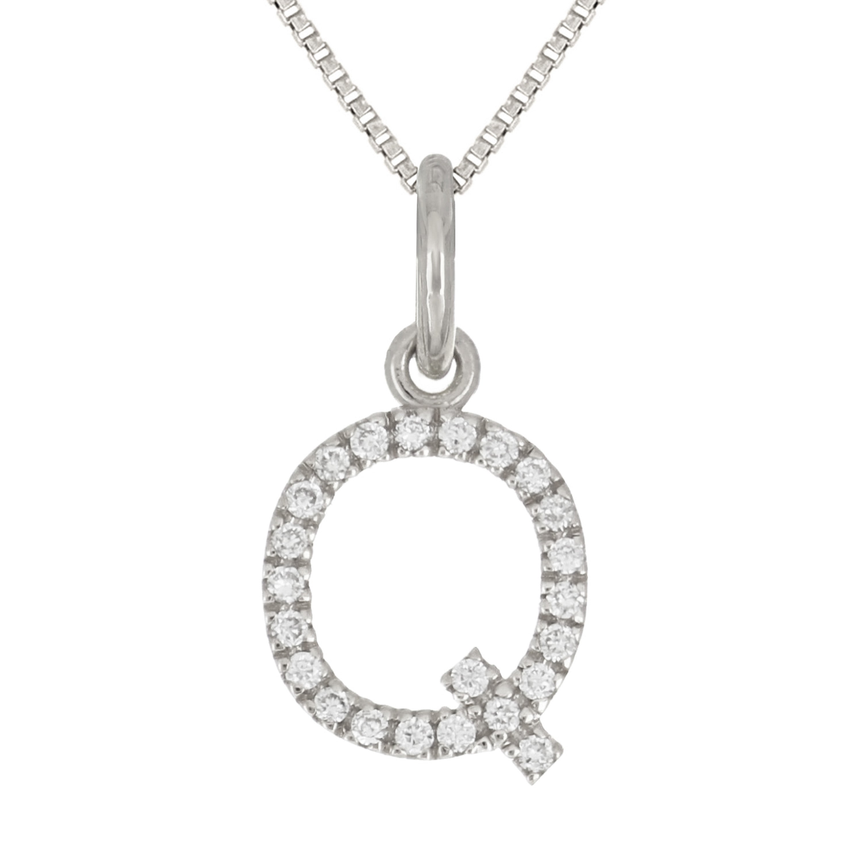 14k White Gold Diamond Initial Letter Q Charm Pendant Necklace 18" - Letter Q,White