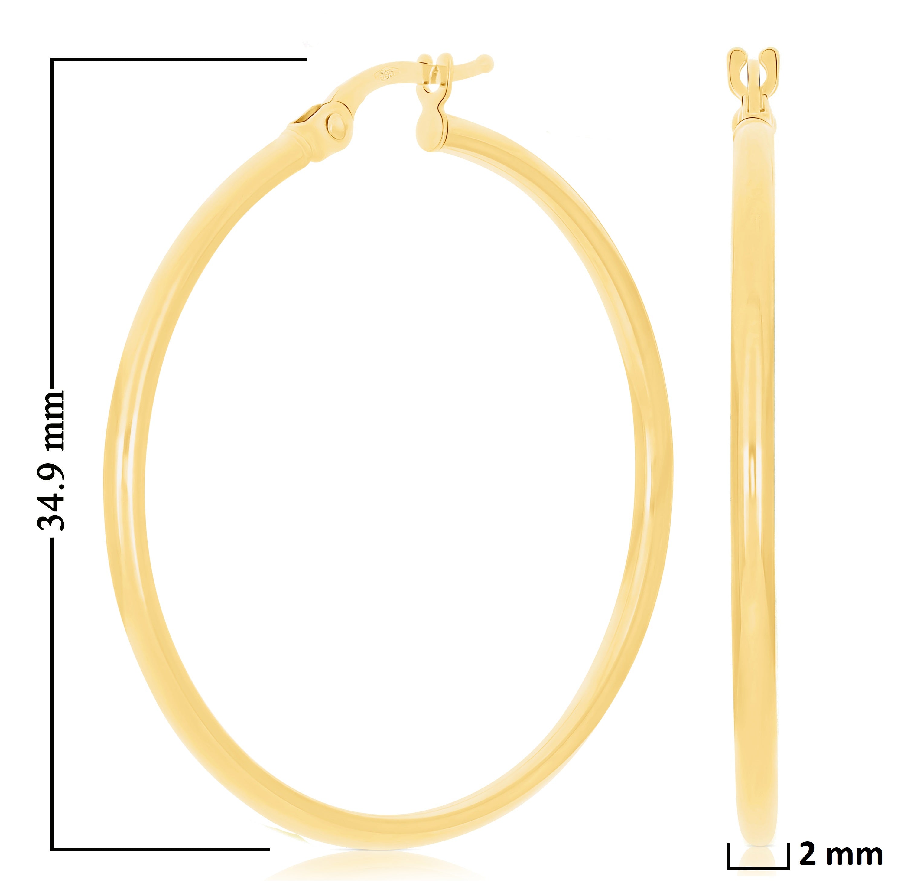 Italian 14k Yellow Gold High Polish 2mm 1.25" Diameter Round Hoop Earrings 1.8g