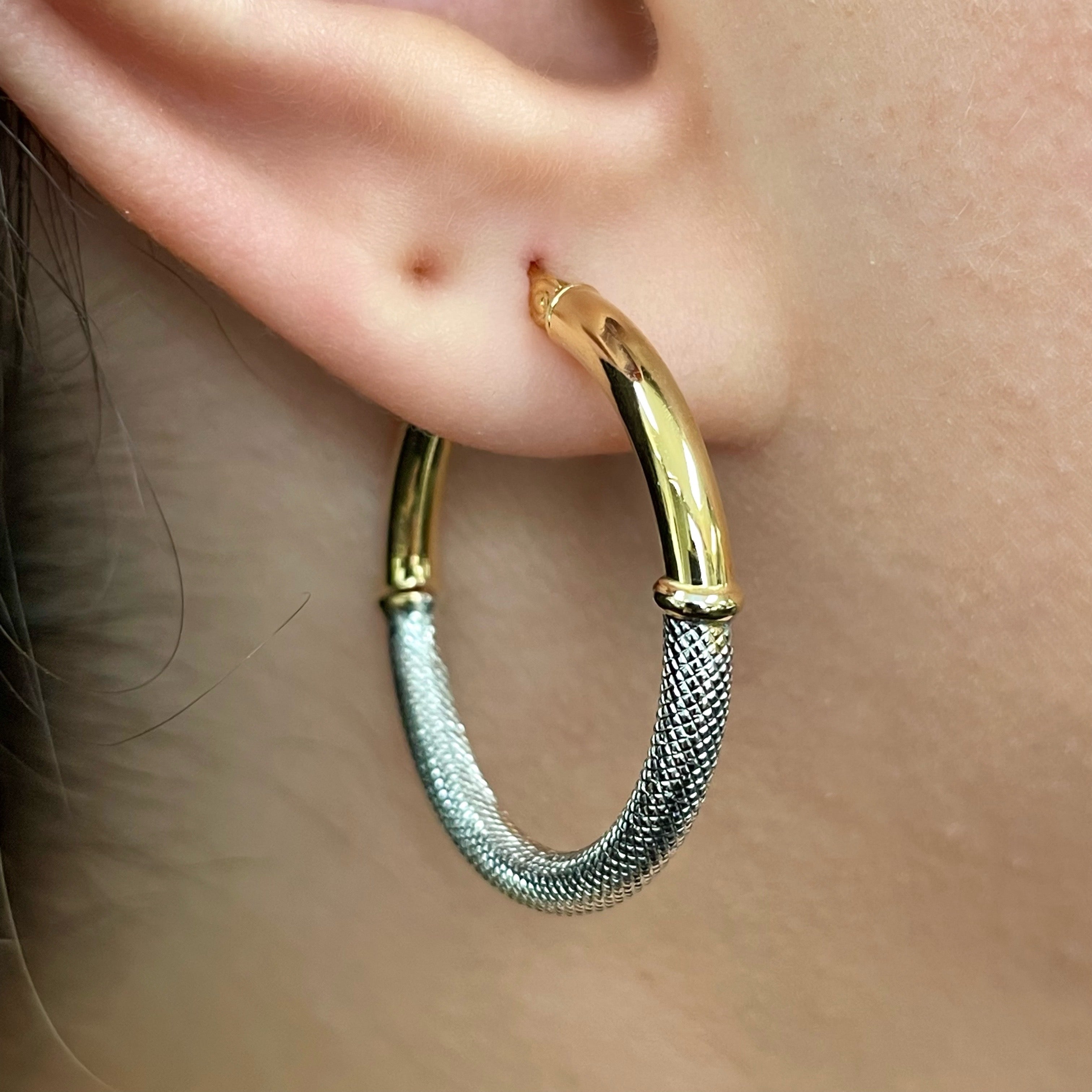 Italian 14k Yellow & White Gold Waffle Texure & Shine Hollow Hoop Earrings 1.2"