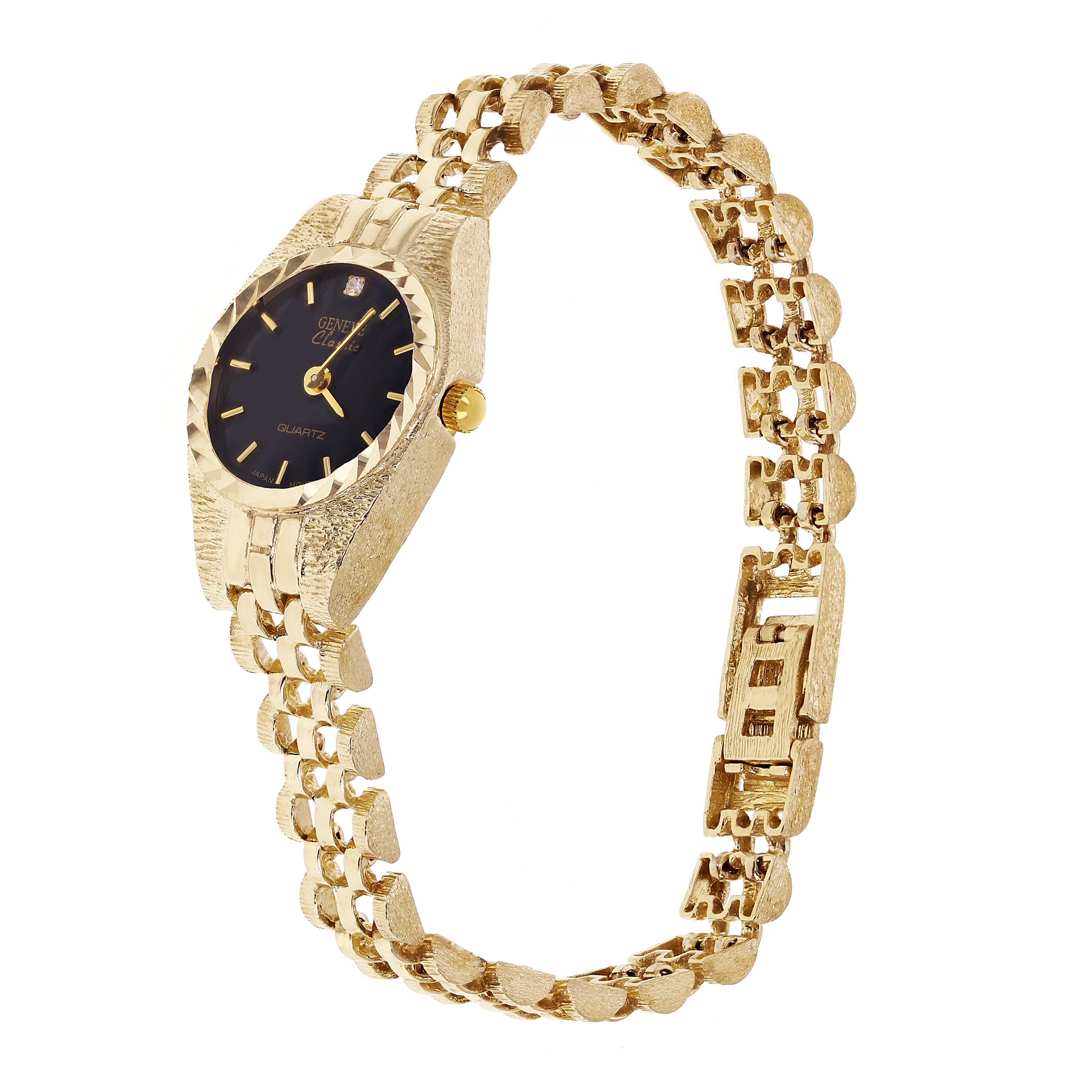 Women's 10k Yellow Gold Watch Link Geneve Diamond Wrist Watch 6-8"