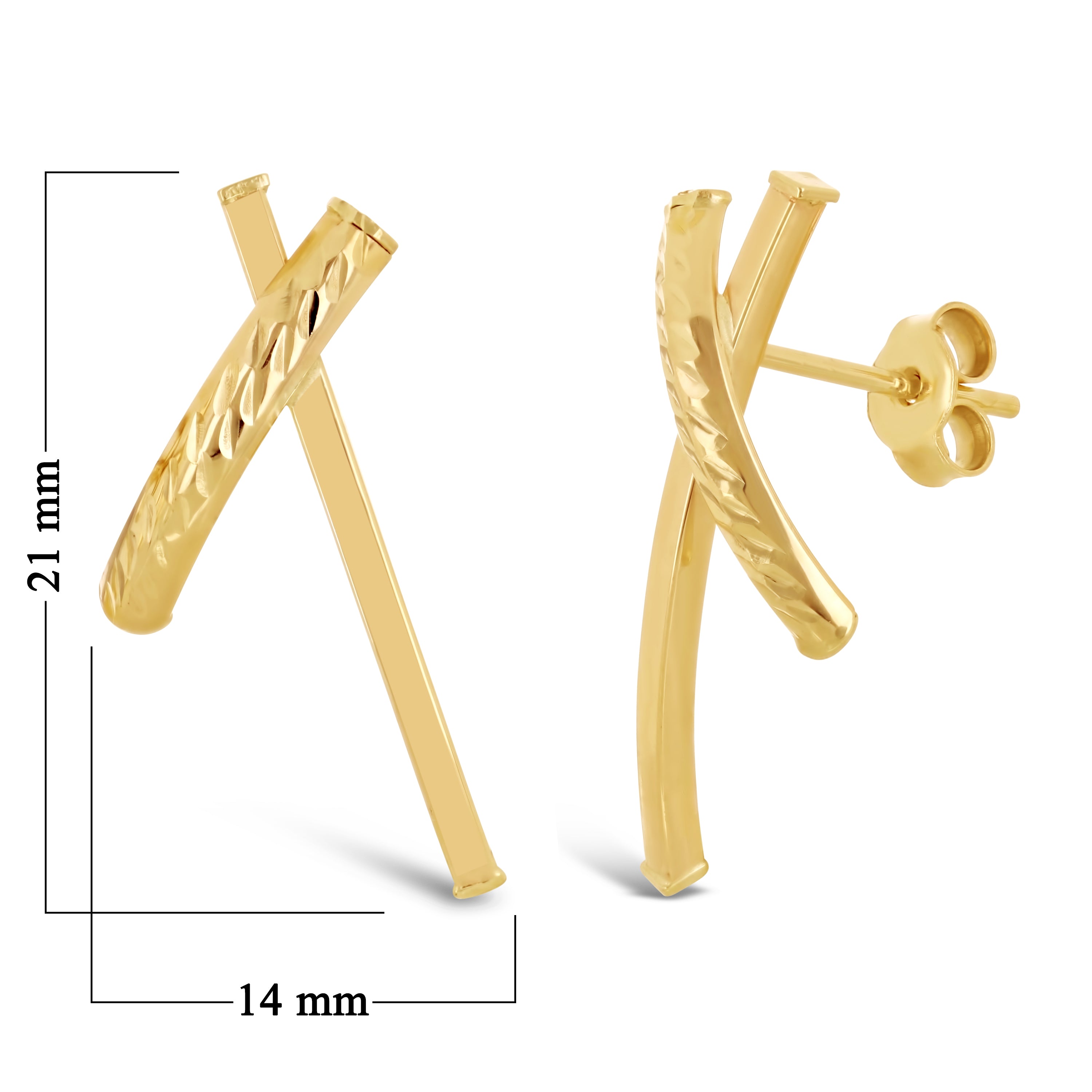 Italian 14k Yellow Gold Diamond Cut Asymmetrical X-Shaped Hugs Stud Earrings - Asymmetric