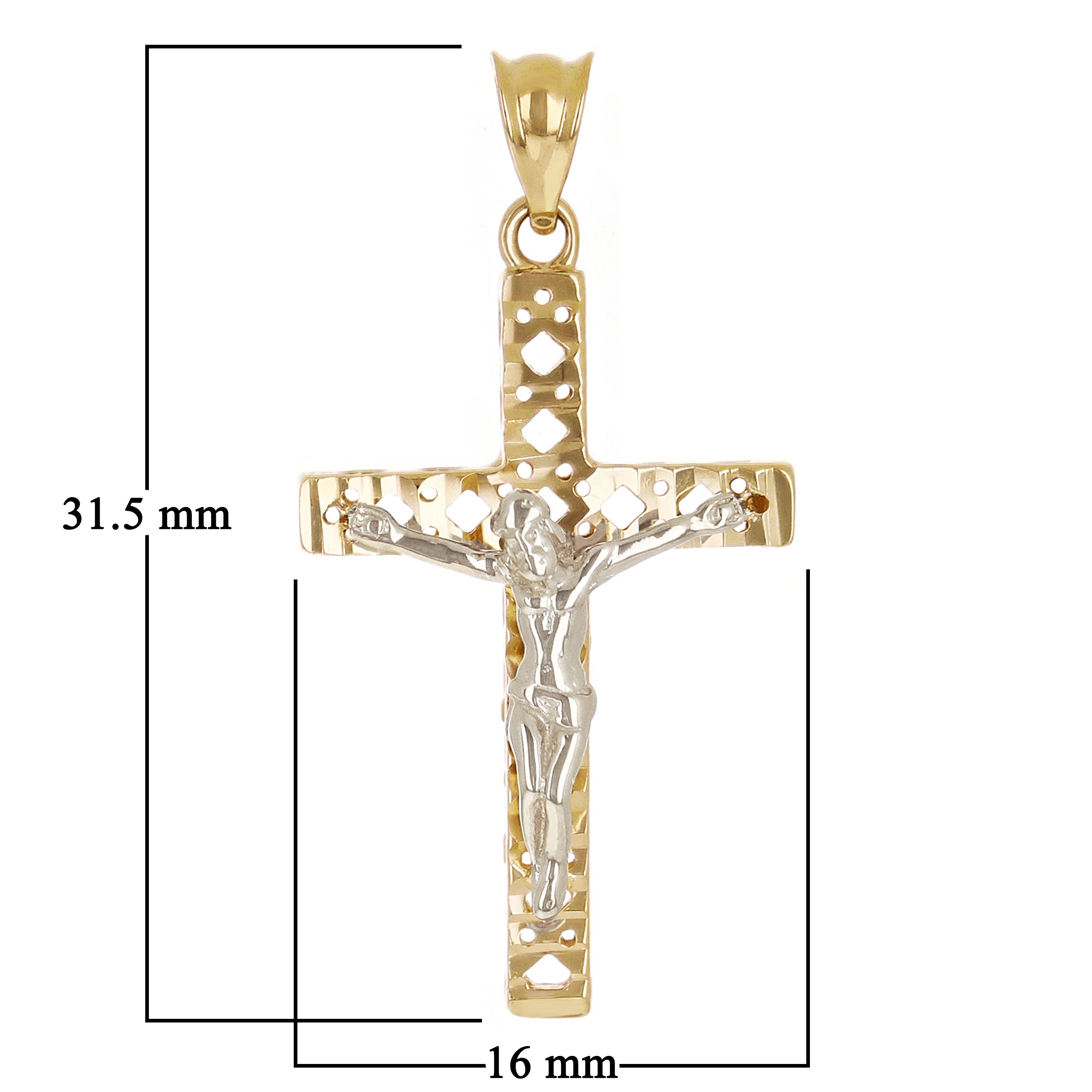 Italian 14k Two Tone Gold 3D Double Sided Crucifix Cross Charm Pendant 1.2" 2.3g